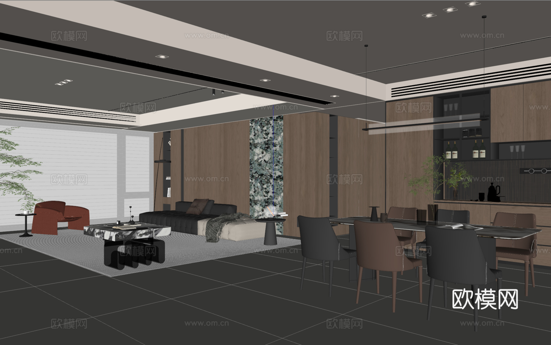 现代意式客餐厅 意式沙发茶几 意式餐桌椅su模型