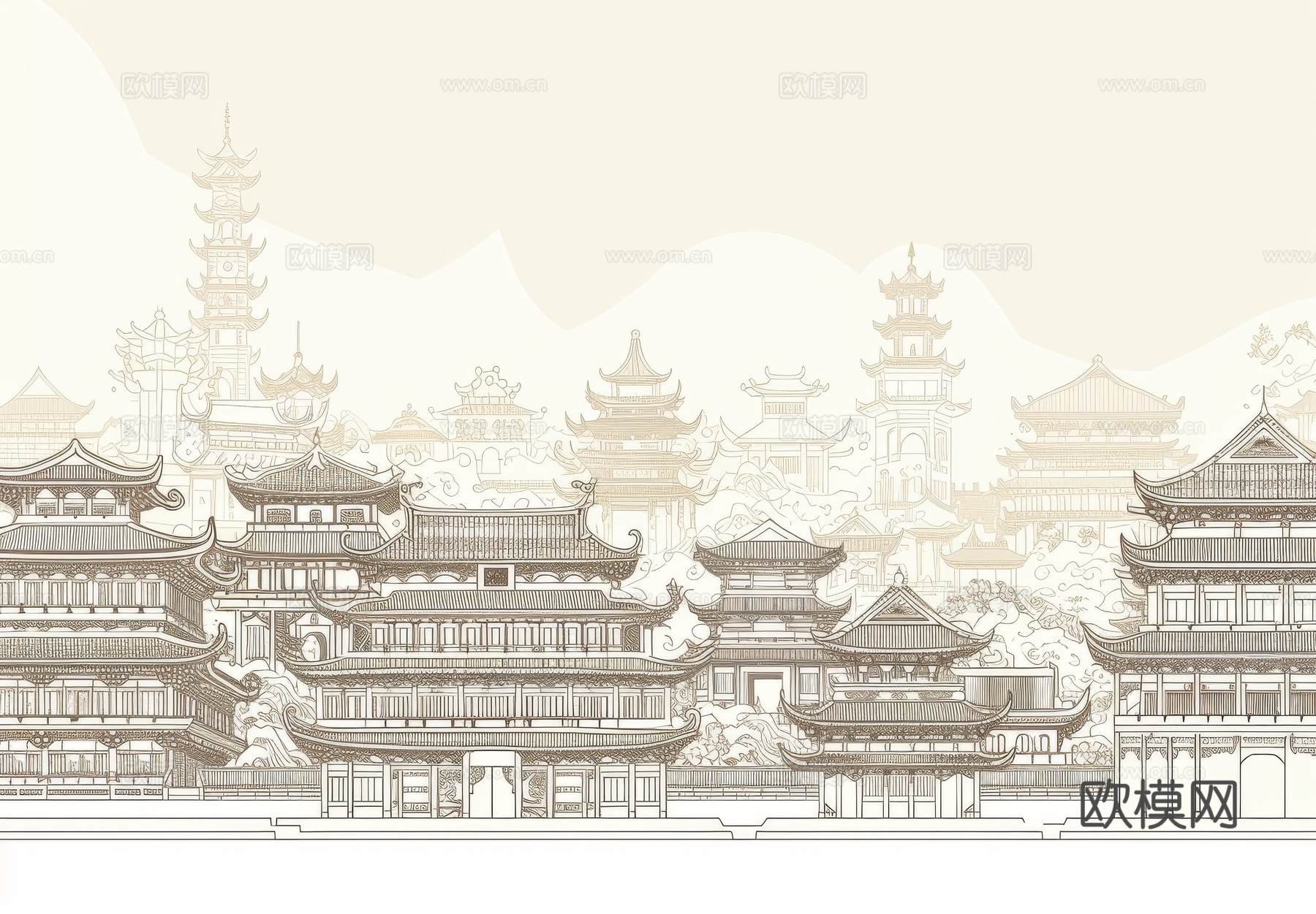 新中式亭台楼阁线条建筑壁画下载（渲染图5）