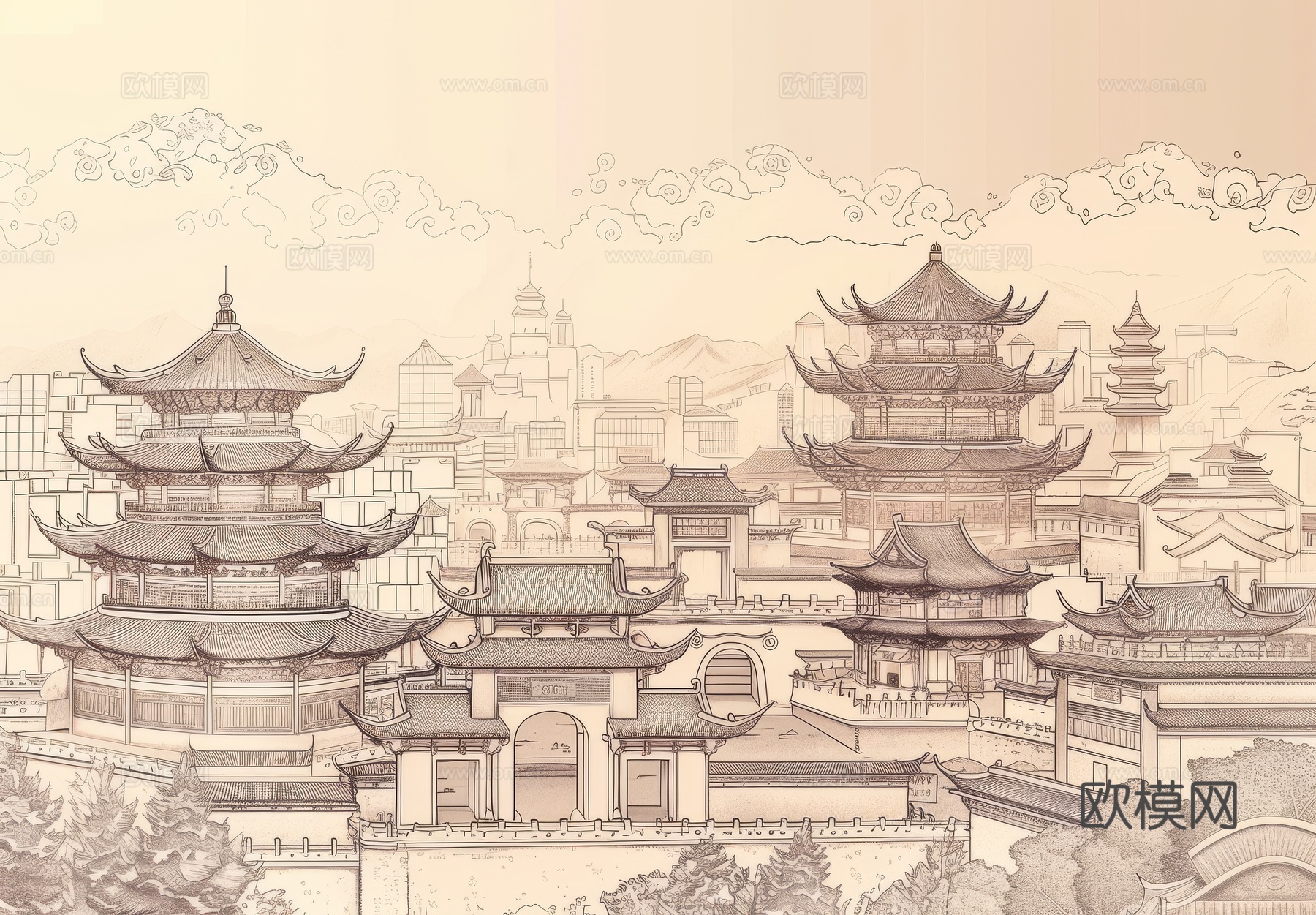 新中式亭台楼阁线条建筑壁画