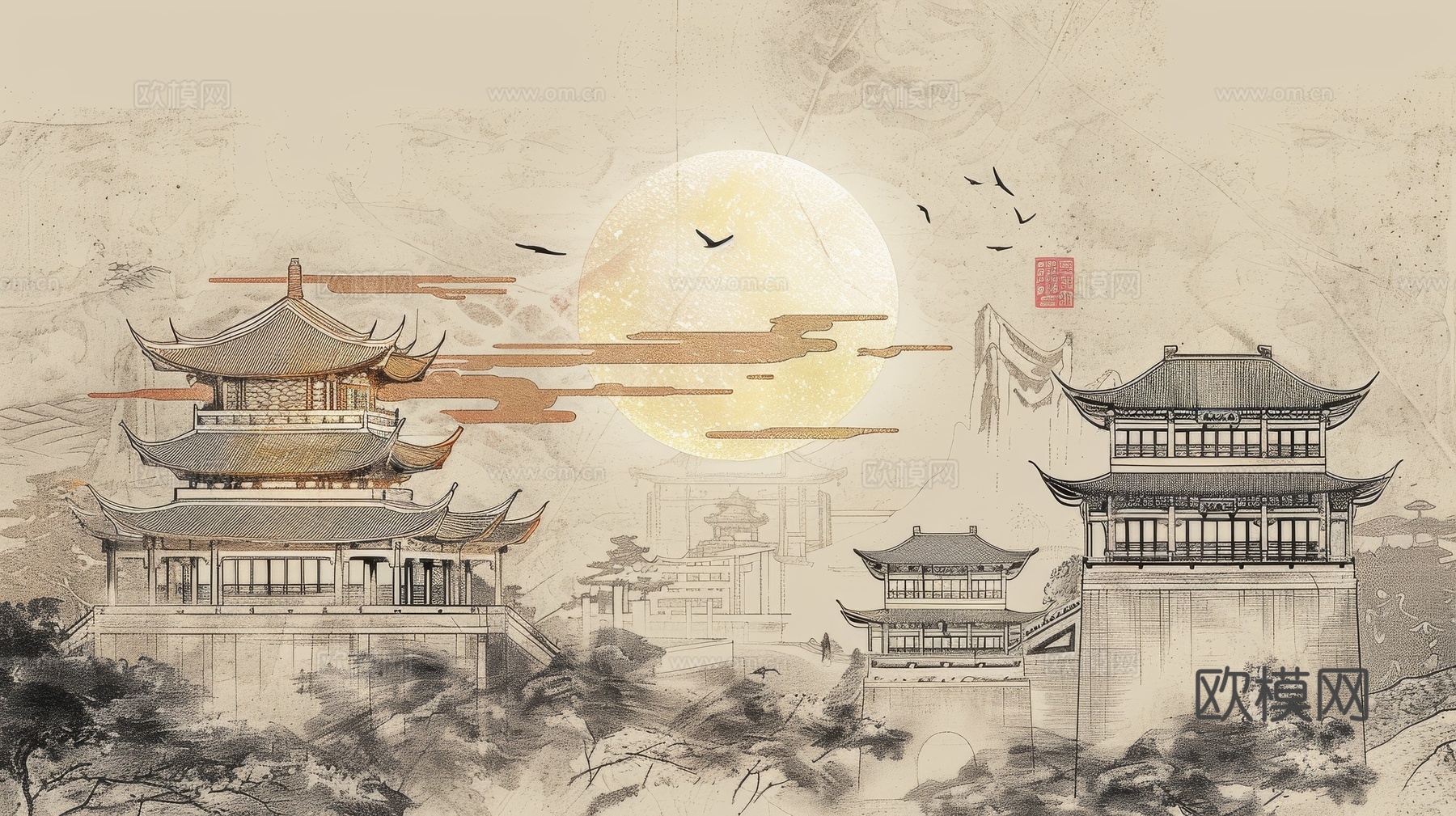 新中式亭台楼阁线条建筑壁画