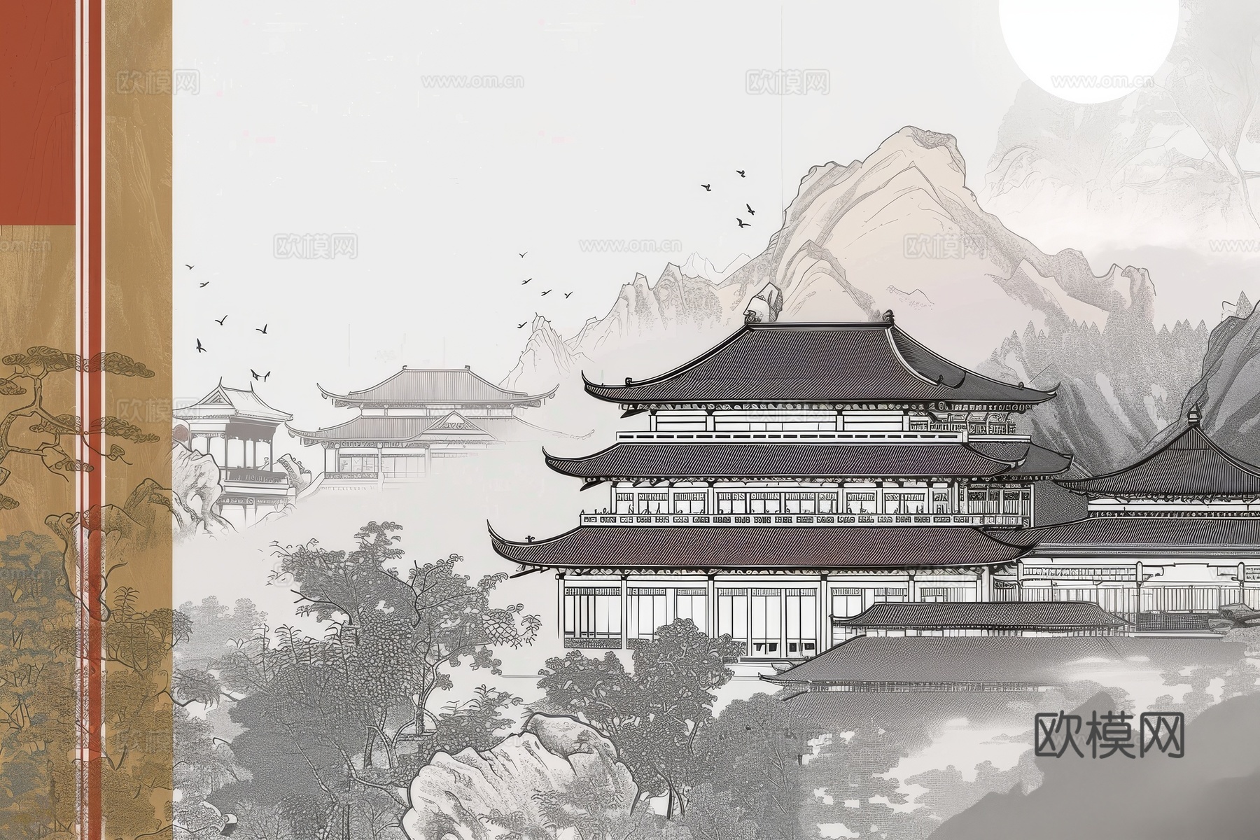 新中式亭台楼阁线条建筑壁画下载（渲染图5）