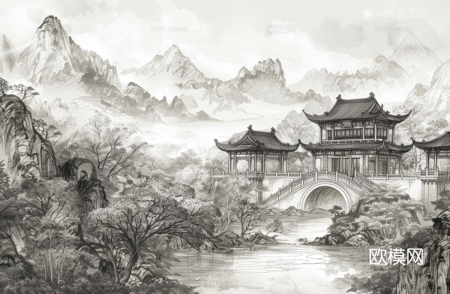 新中式亭台楼阁线条建筑壁画