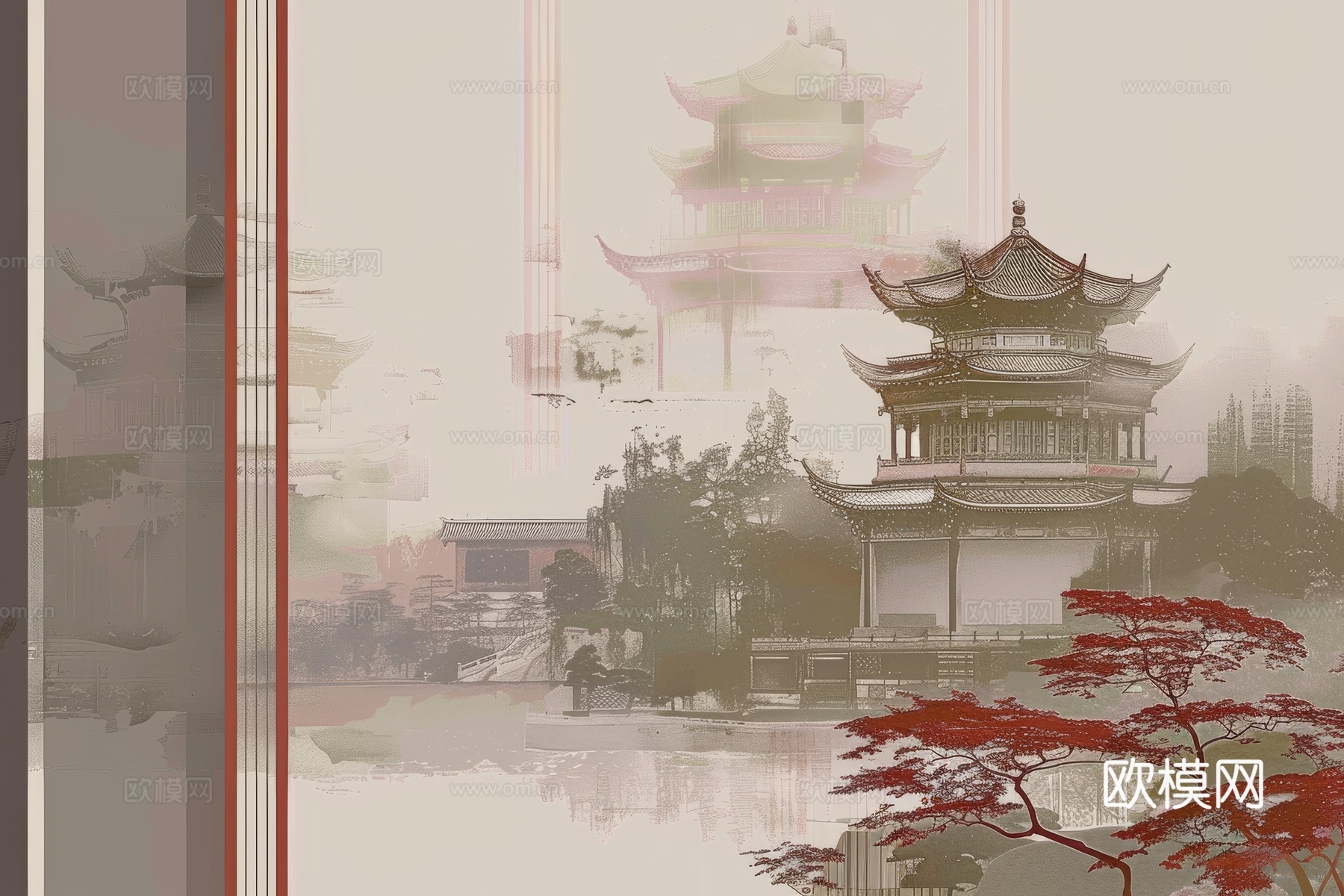 新中式亭台楼阁线条建筑壁画下载（渲染图4）