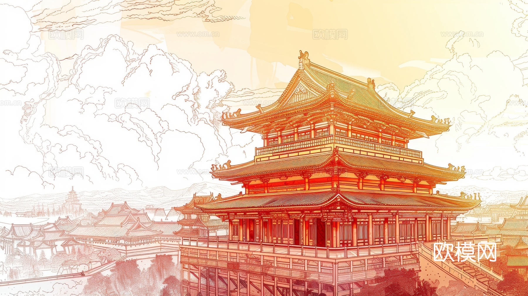 新中式亭台楼阁线条建筑壁画