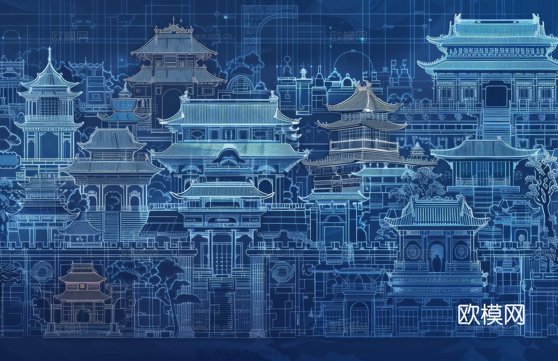 新中式亭台楼阁线条建筑壁画