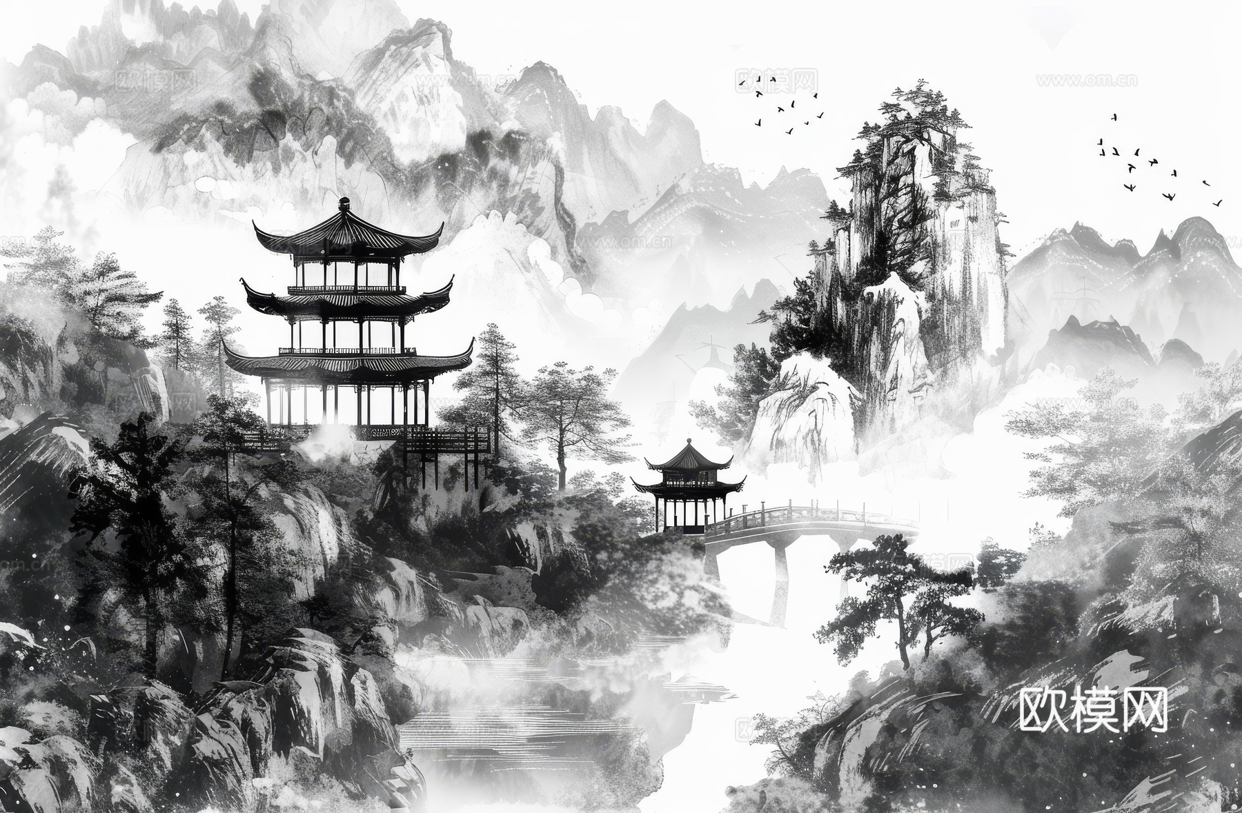 新中式亭台楼阁线条建筑壁画
