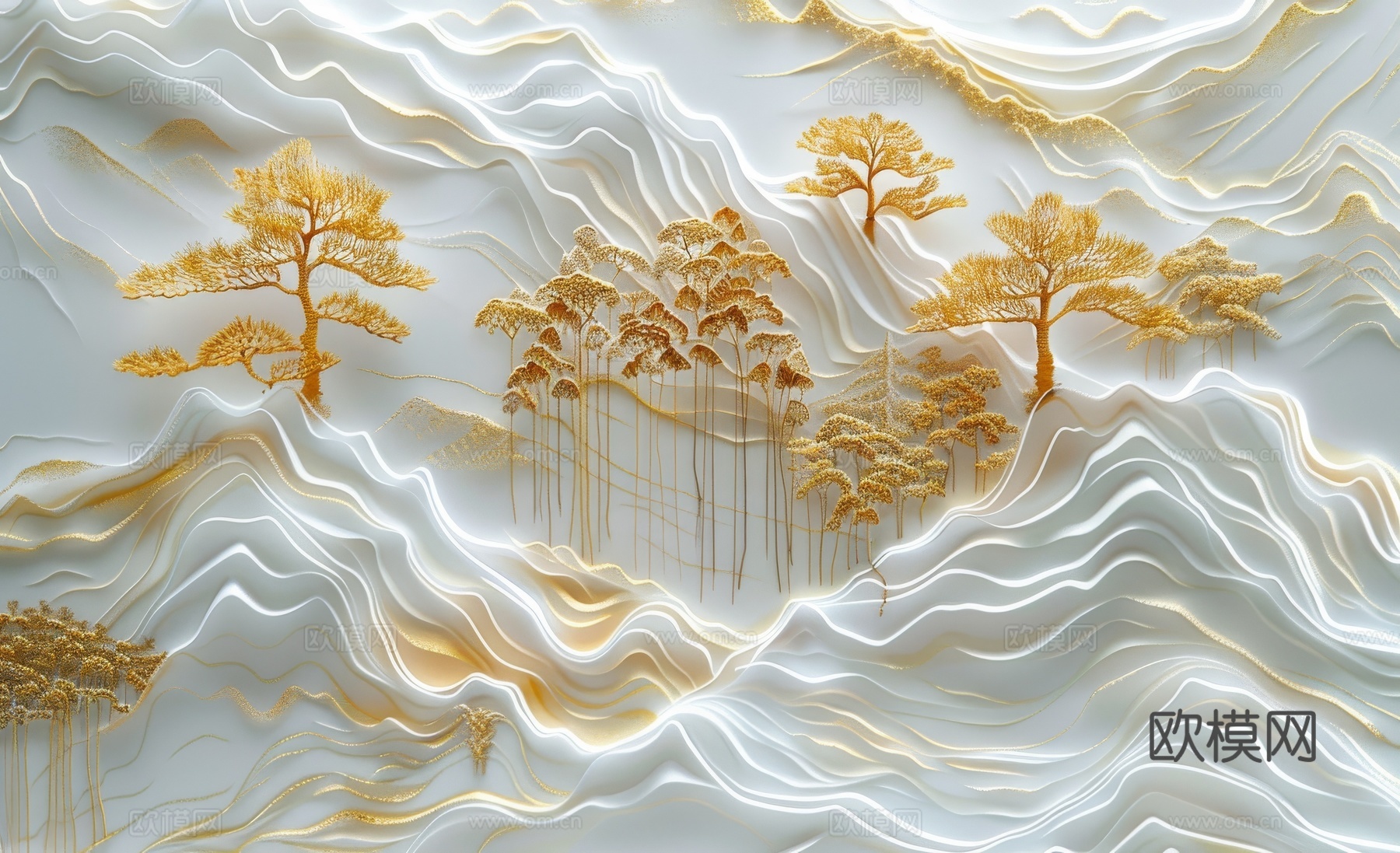 新中式亭台楼阁线条建筑壁画下载（渲染图2）