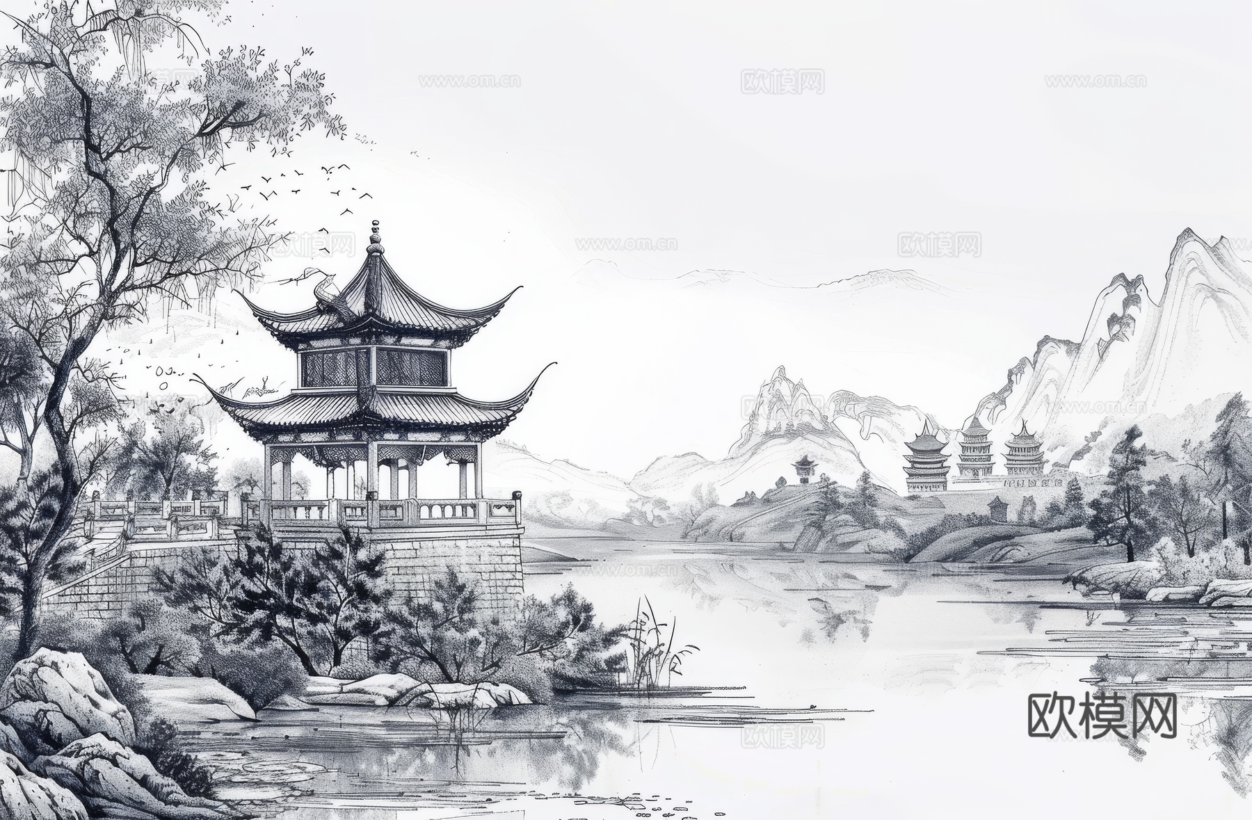 新中式亭台楼阁线条建筑壁画下载（渲染图6）