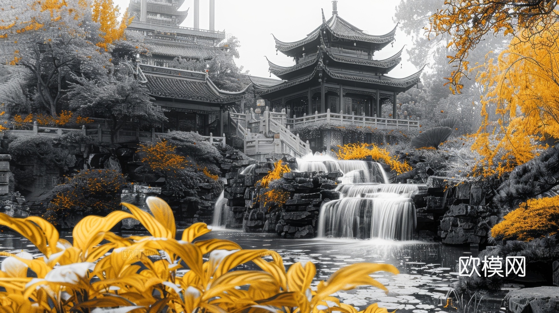 新中式亭台楼阁线条建筑壁画