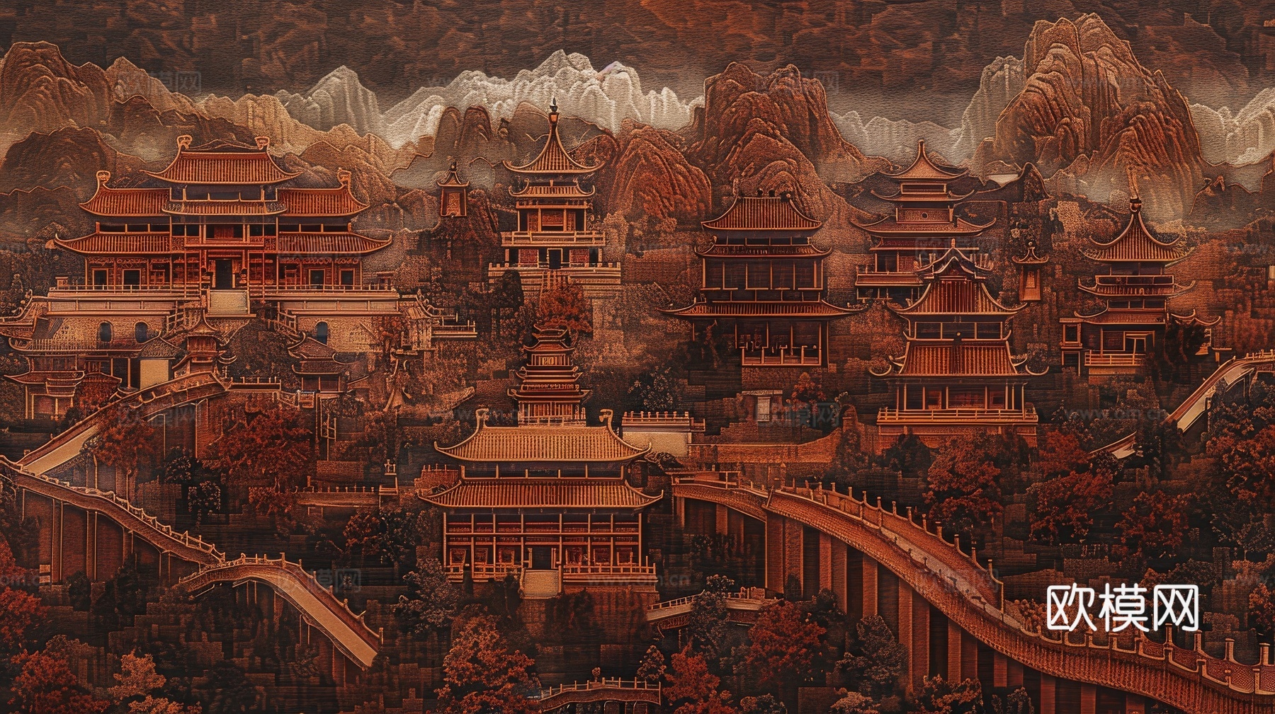 新中式亭台楼阁线条建筑壁画下载（渲染图1）