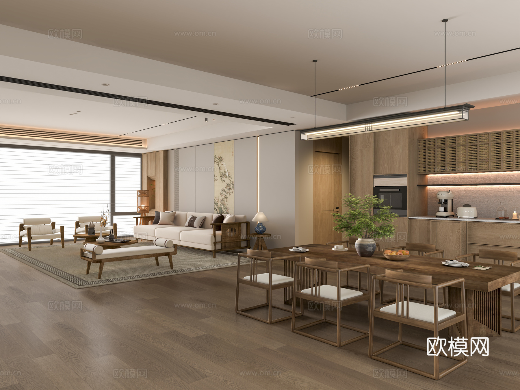 新中式中古客餐厅 宋式风客餐厅 新中式沙发茶几 新中式餐桌椅3d模型