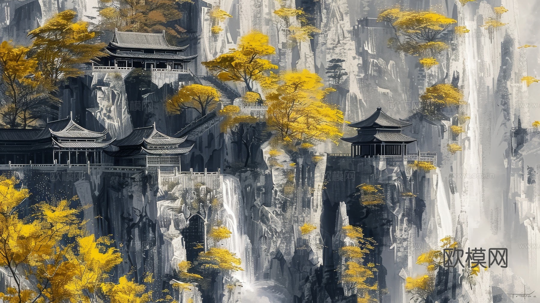 新中式亭台楼阁线条建筑壁画