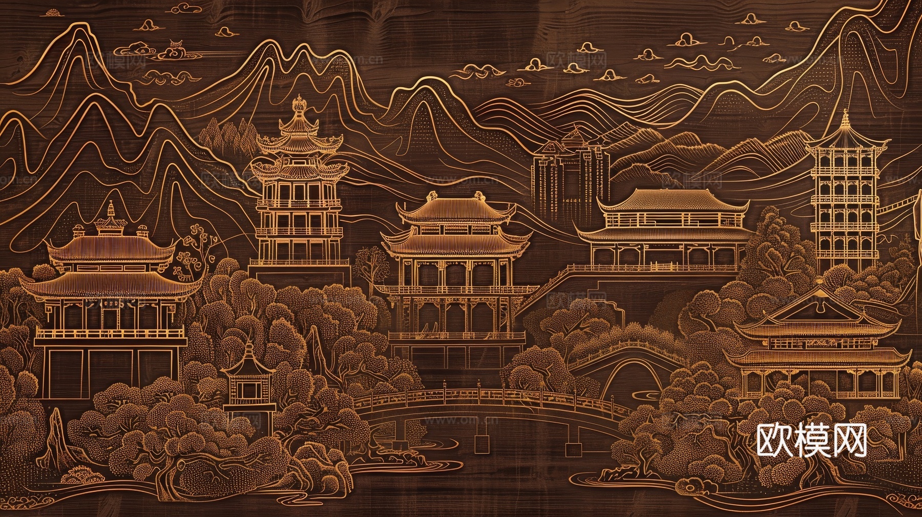新中式亭台楼阁线条建筑壁画