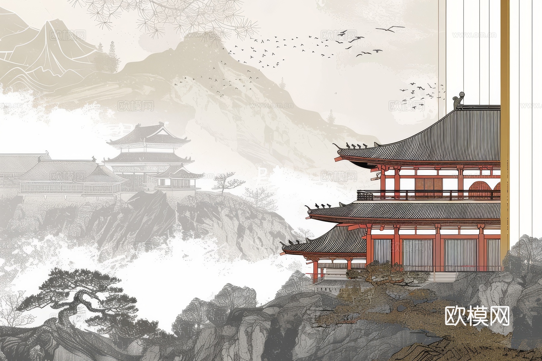 新中式亭台楼阁线条建筑壁画