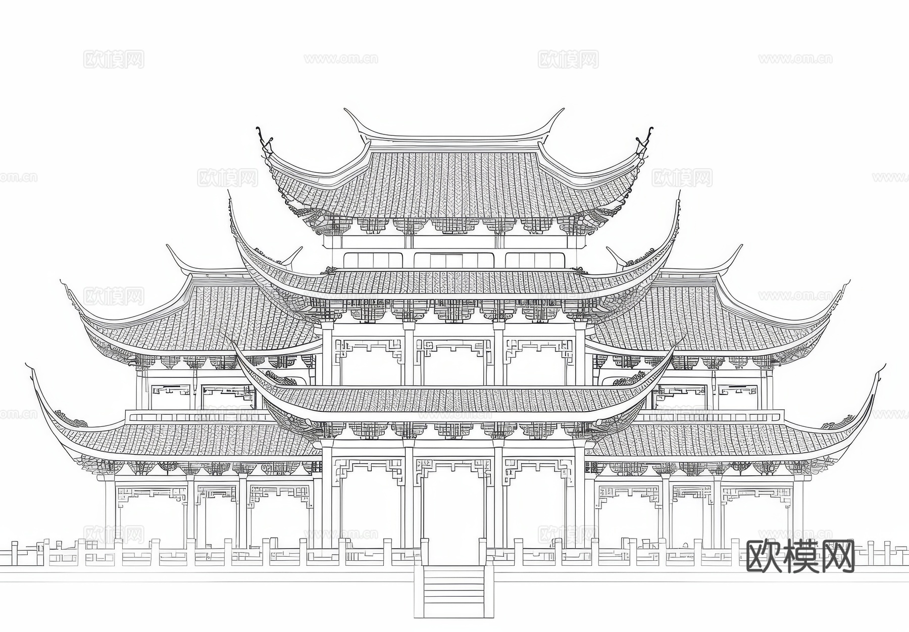 新中式亭台楼阁线条建筑壁画