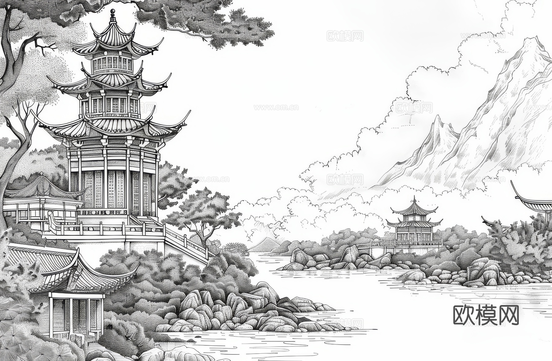 新中式亭台楼阁线条建筑壁画下载（渲染图7）