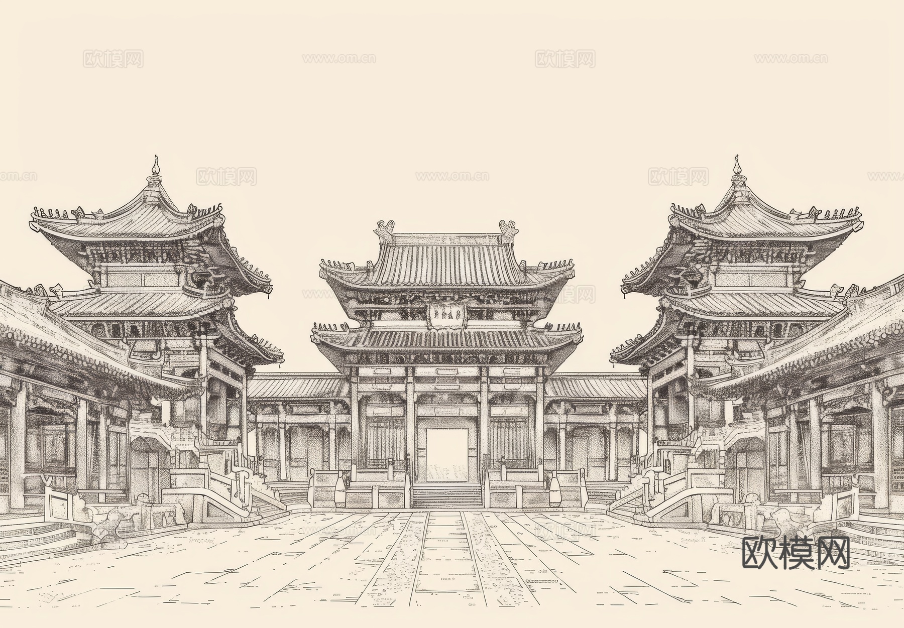 新中式亭台楼阁线条建筑壁画下载（渲染图3）