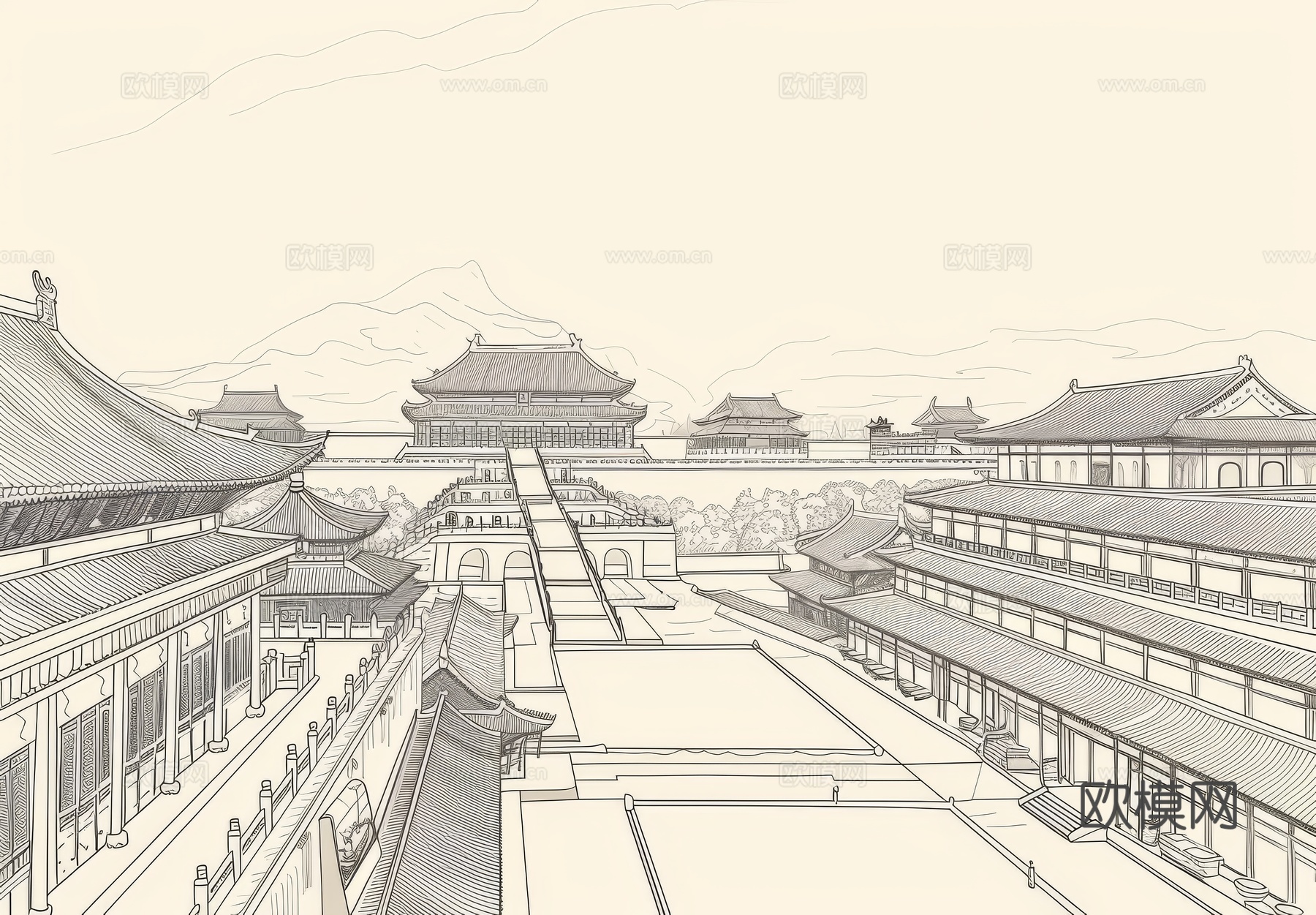 新中式亭台楼阁线条建筑壁画下载（渲染图4）