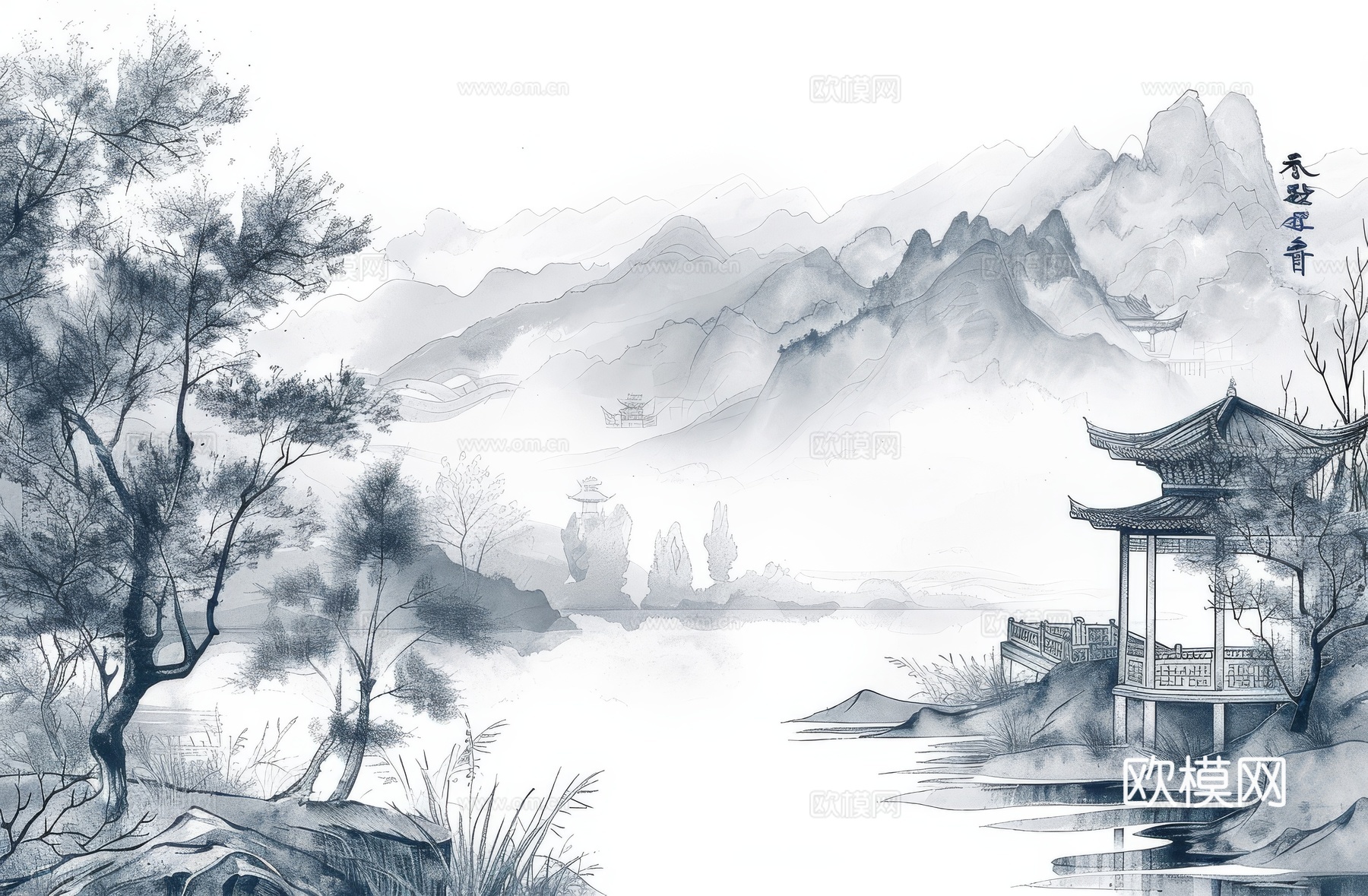 新中式亭台楼阁线条建筑壁画下载（渲染图2）