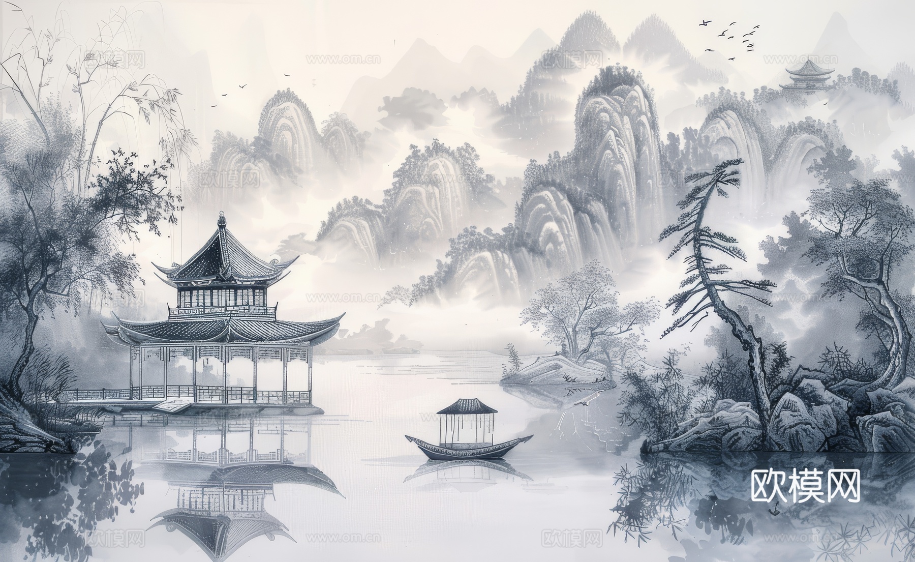 新中式亭台楼阁线条建筑壁画