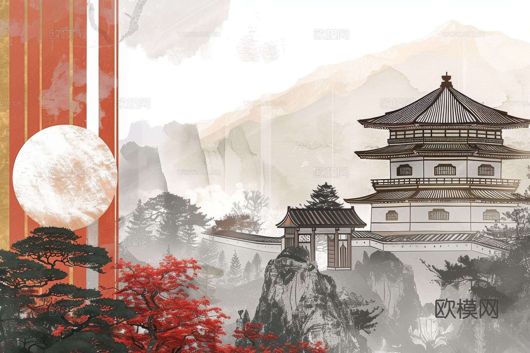 新中式亭台楼阁线条建筑壁画下载（渲染图3）