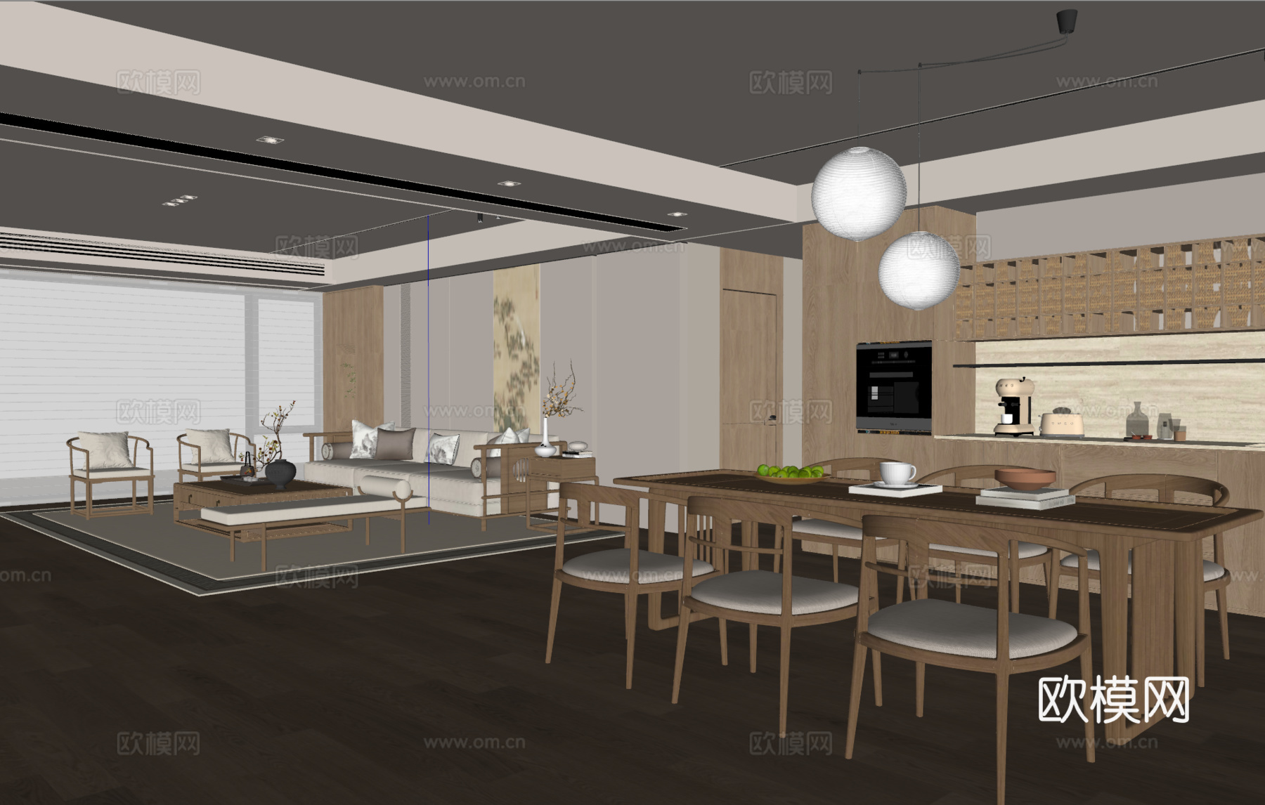 新中式中古客餐厅 宋式风客餐厅 新中式沙发茶几 新中式餐桌椅su模型