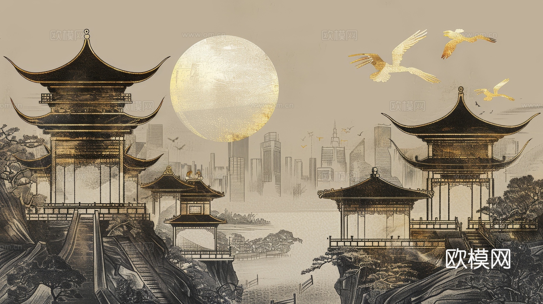 新中式亭台楼阁线条建筑壁画