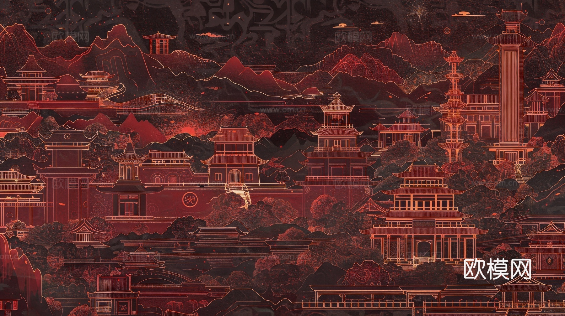 新中式亭台楼阁线条建筑壁画下载（渲染图2）