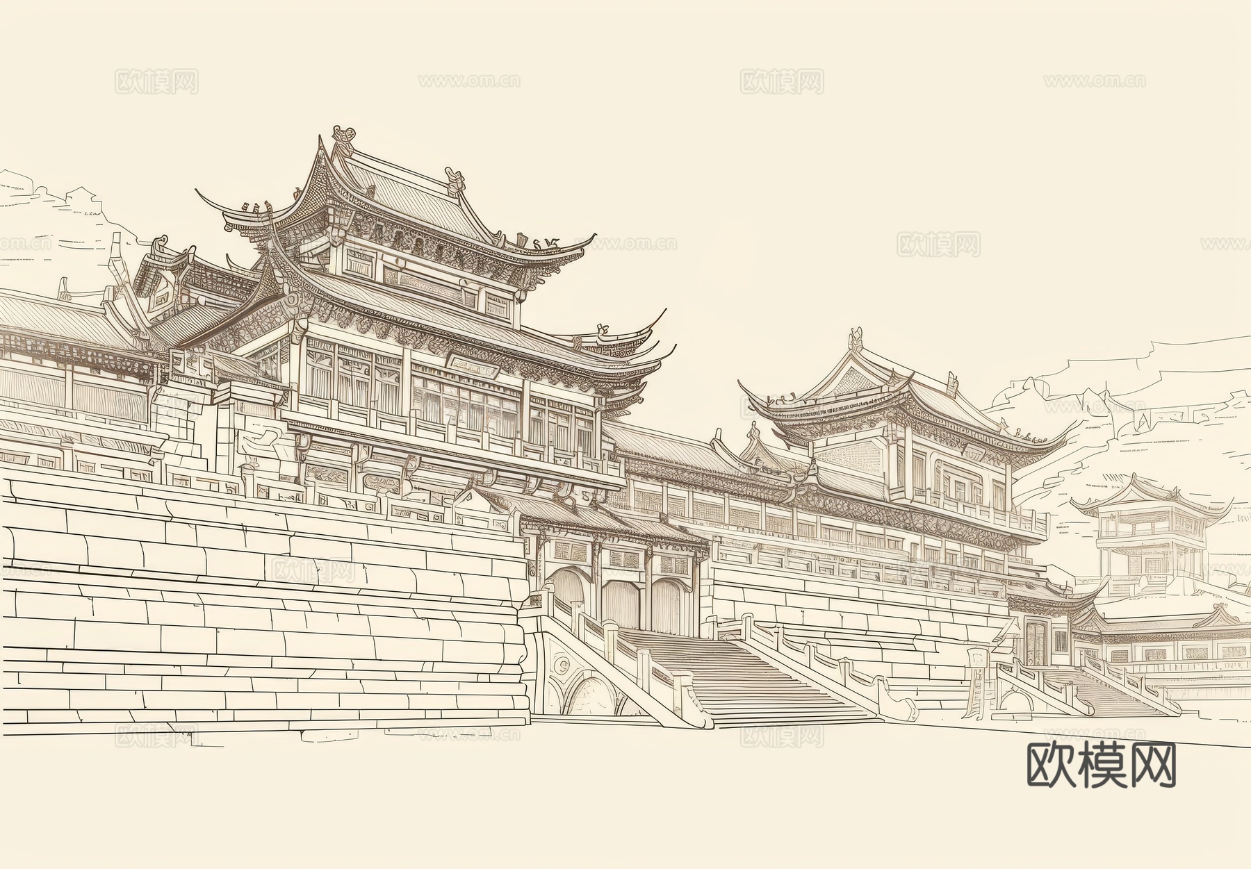 新中式亭台楼阁线条建筑壁画下载（渲染图5）