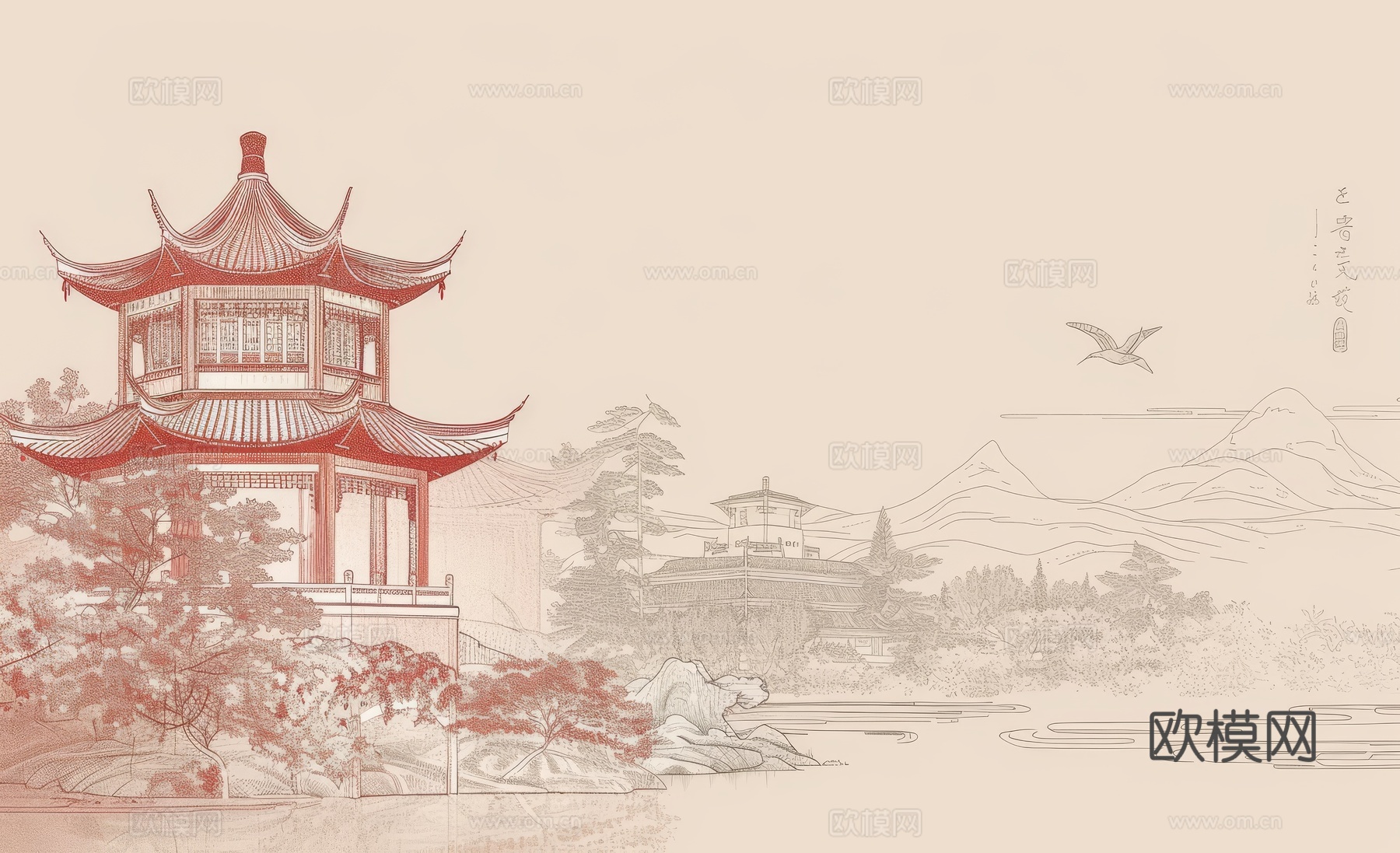 新中式亭台楼阁线条建筑壁画下载（渲染图4）