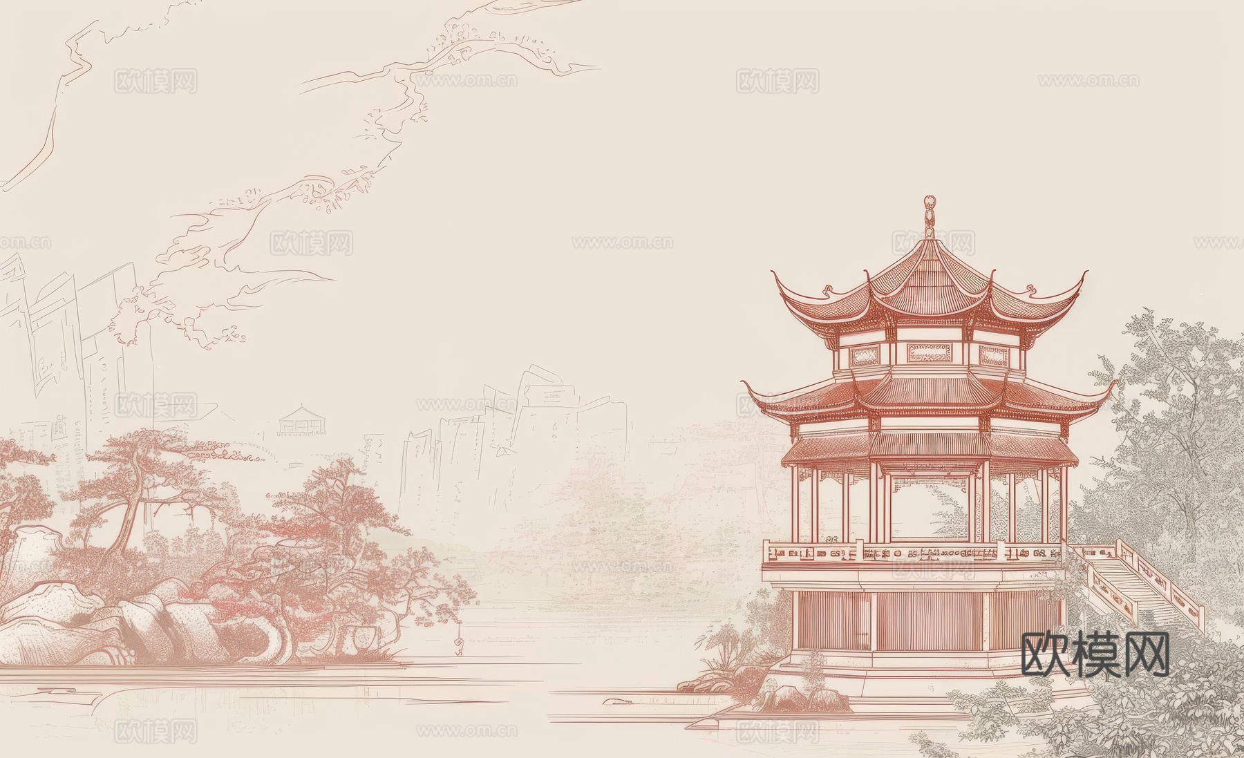 新中式亭台楼阁线条建筑壁画下载（渲染图8）