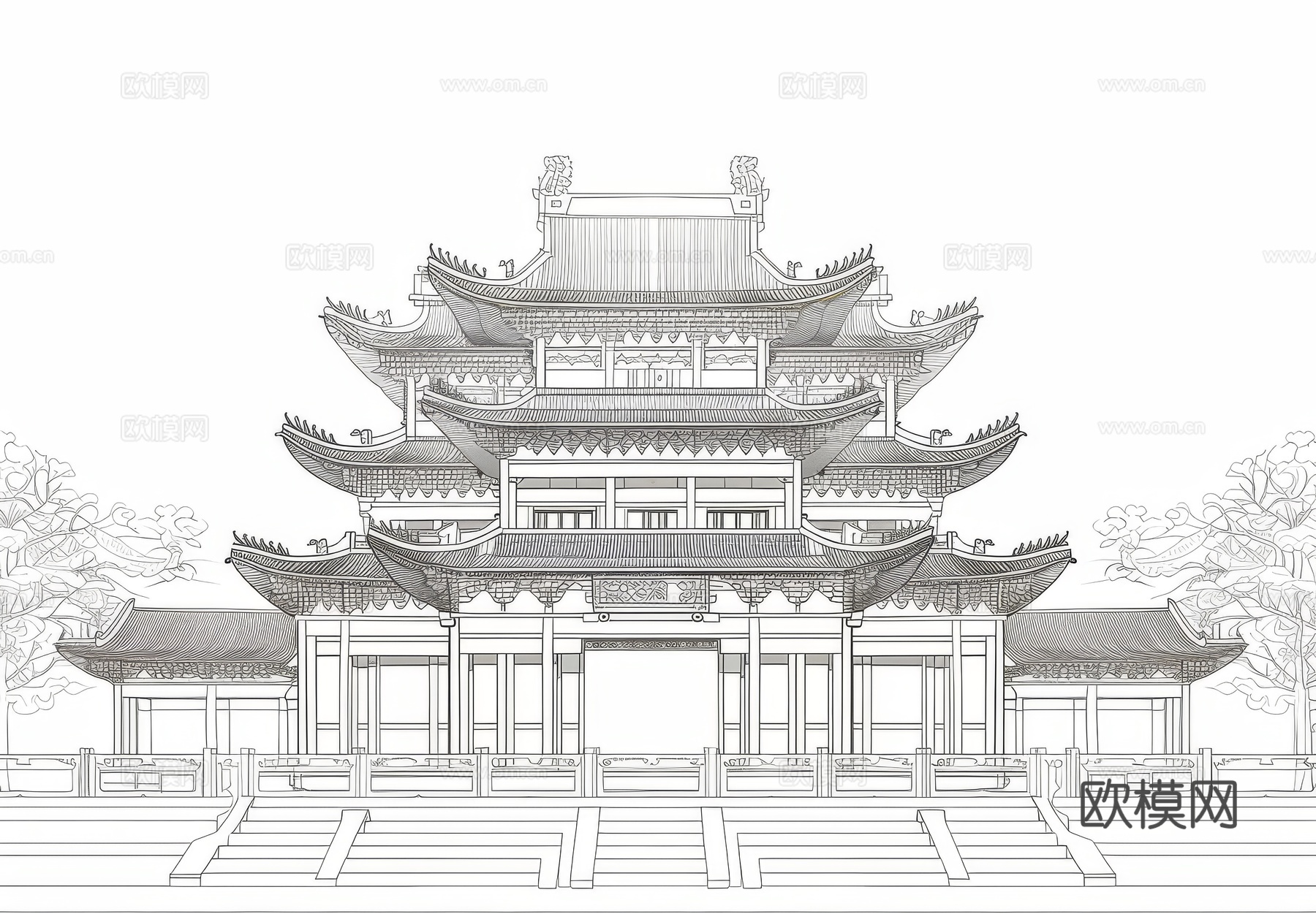 新中式亭台楼阁线条建筑壁画