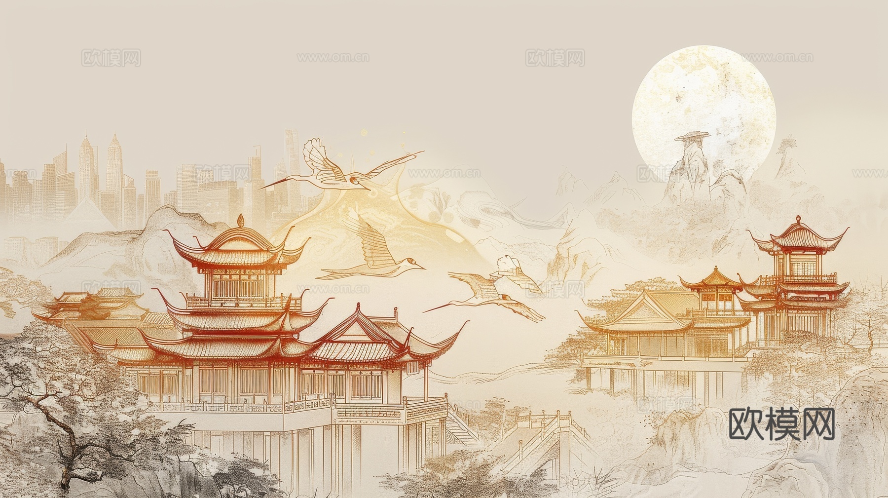 新中式亭台楼阁线条建筑壁画
