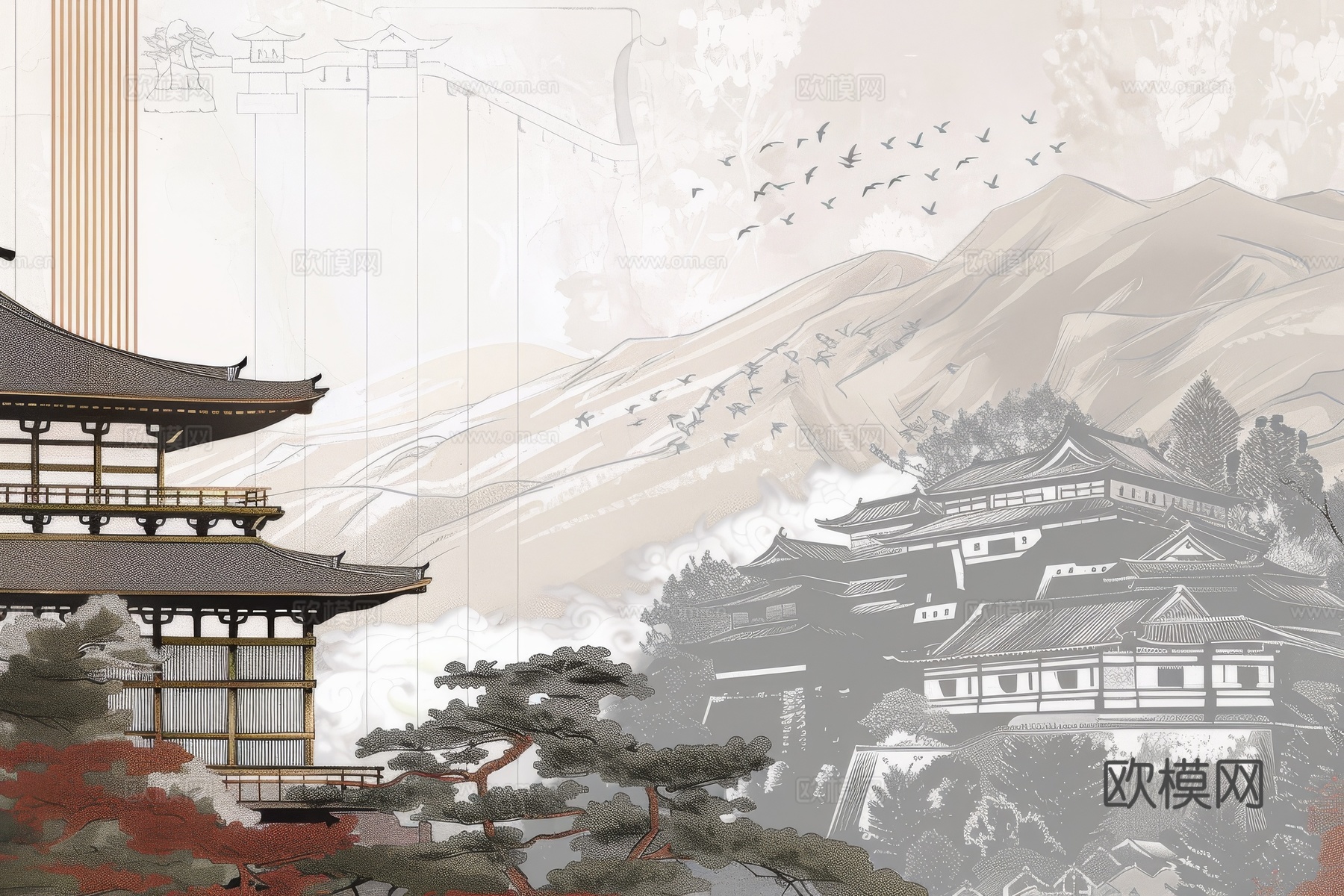 新中式亭台楼阁线条建筑壁画下载（渲染图2）