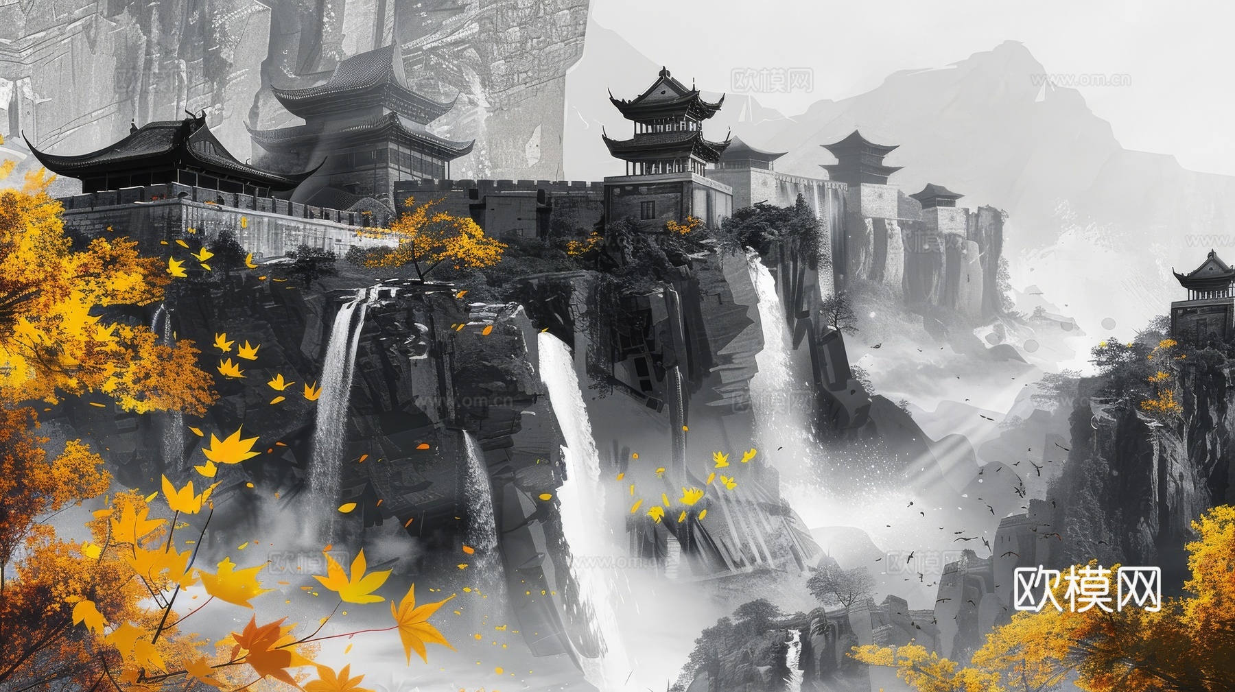 新中式亭台楼阁线条建筑壁画