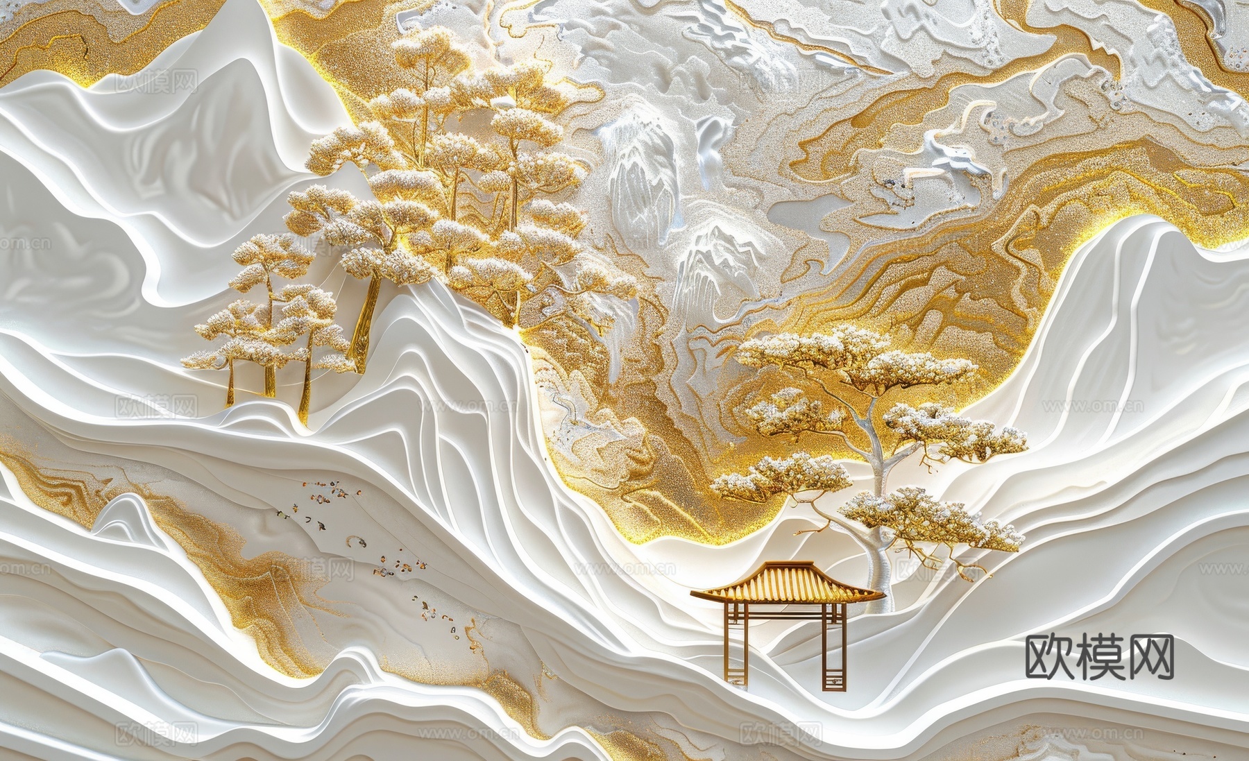 新中式亭台楼阁线条建筑壁画