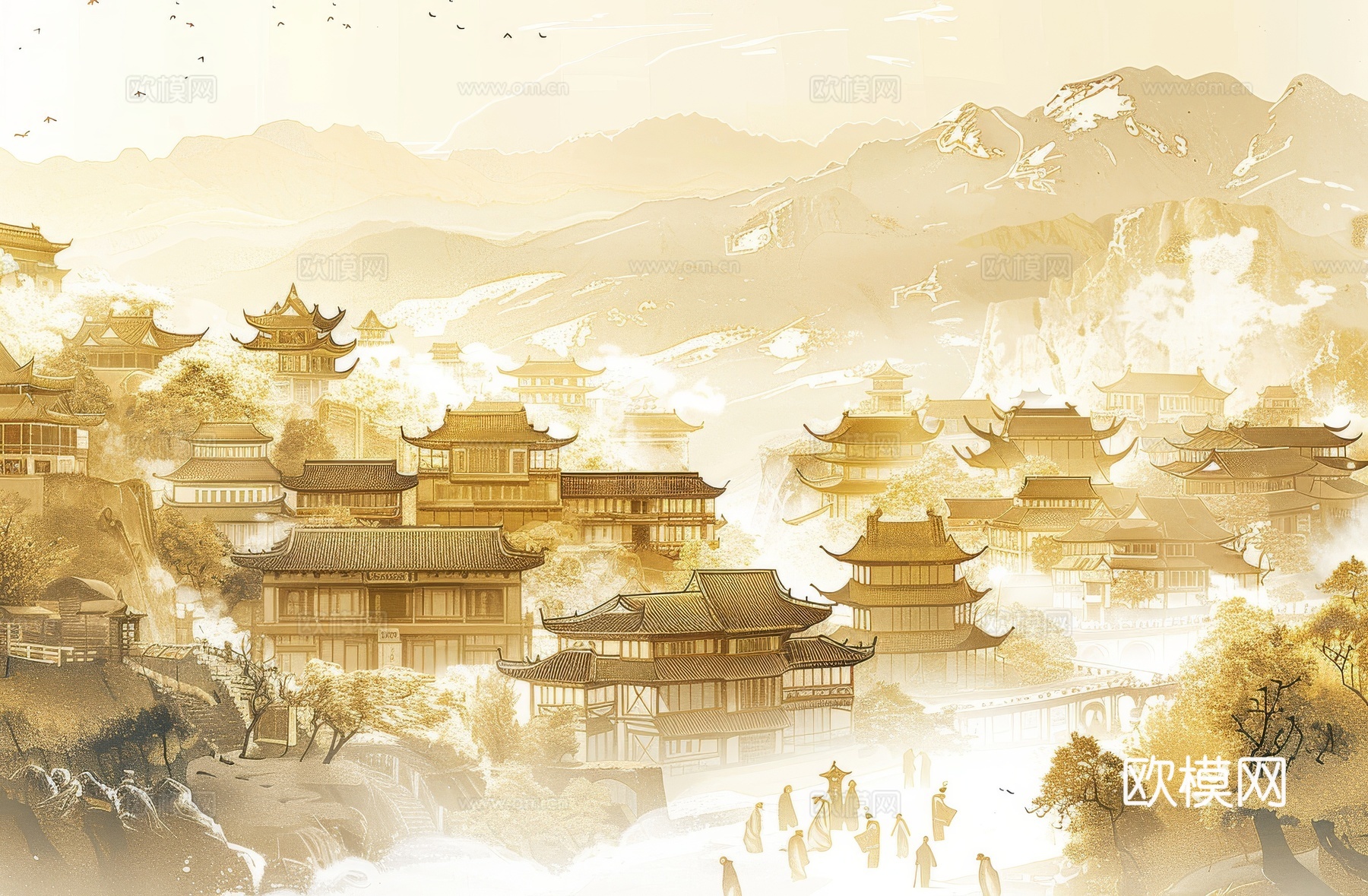 新中式亭台楼阁线条建筑壁画