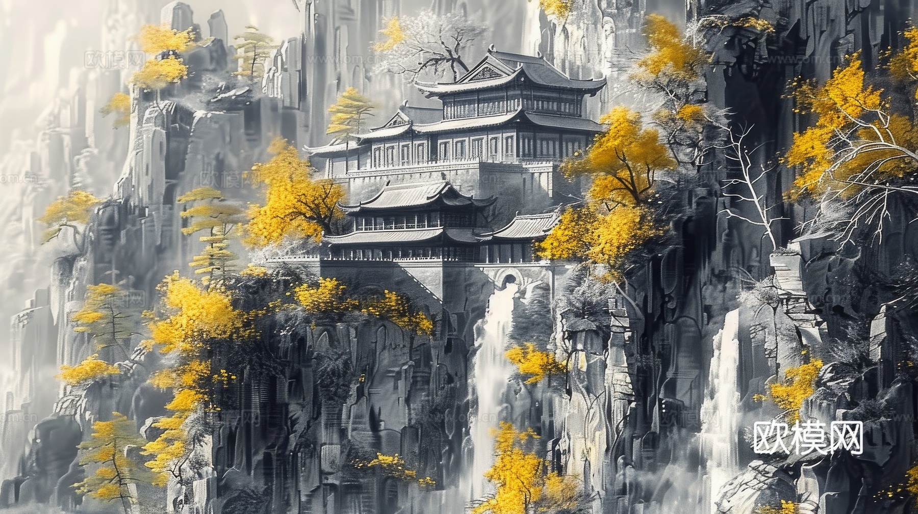 新中式亭台楼阁线条建筑壁画
