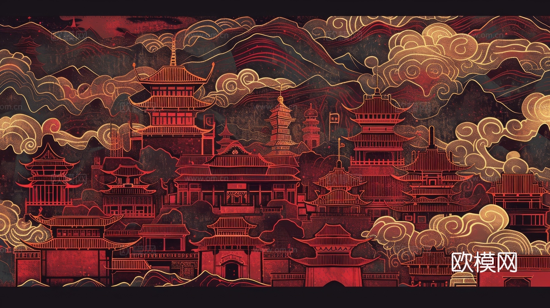 新中式亭台楼阁线条建筑壁画