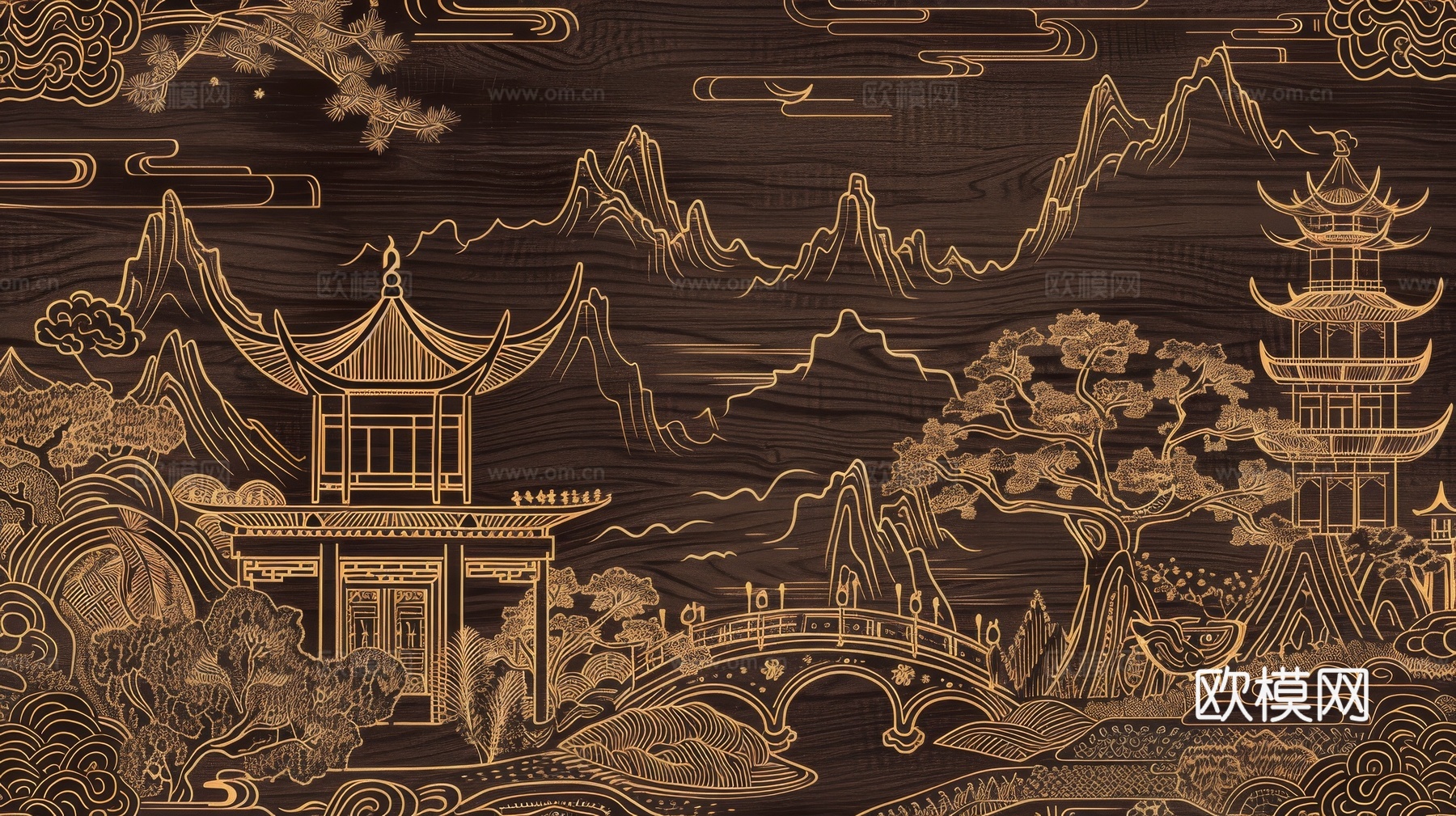 新中式亭台楼阁线条建筑壁画