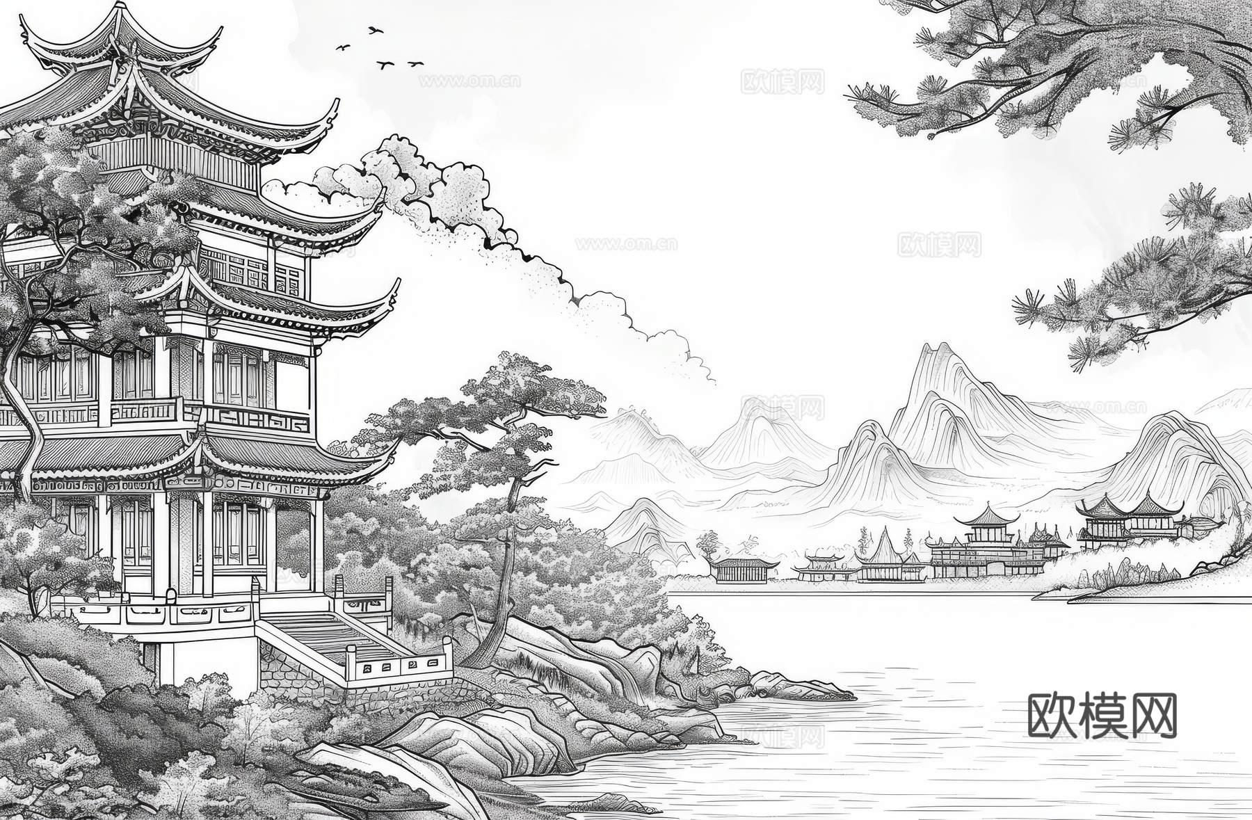 新中式亭台楼阁线条建筑壁画下载（渲染图7）