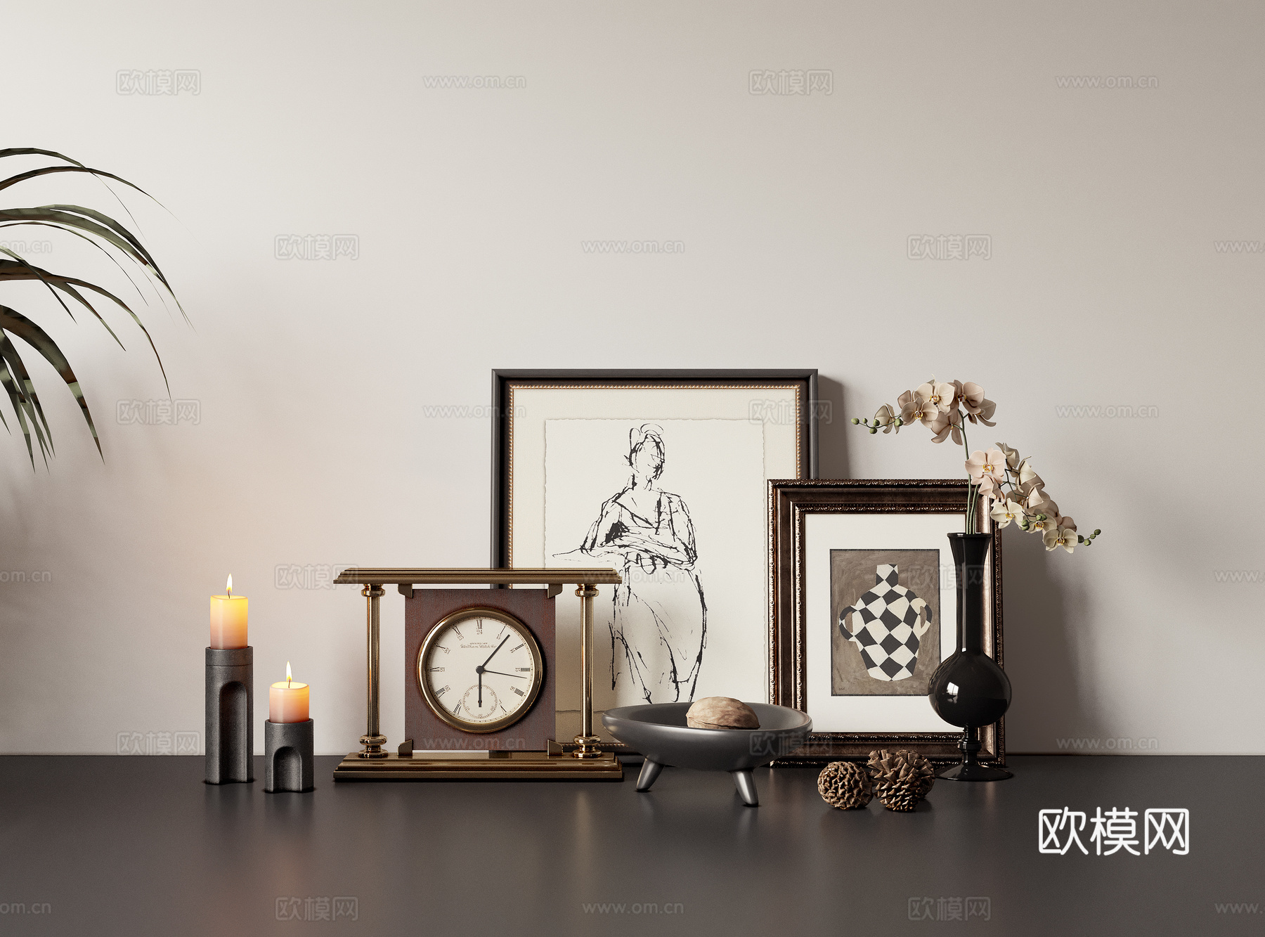 美式组合摆件 盆栽花瓶挂画摆钟3d模型
