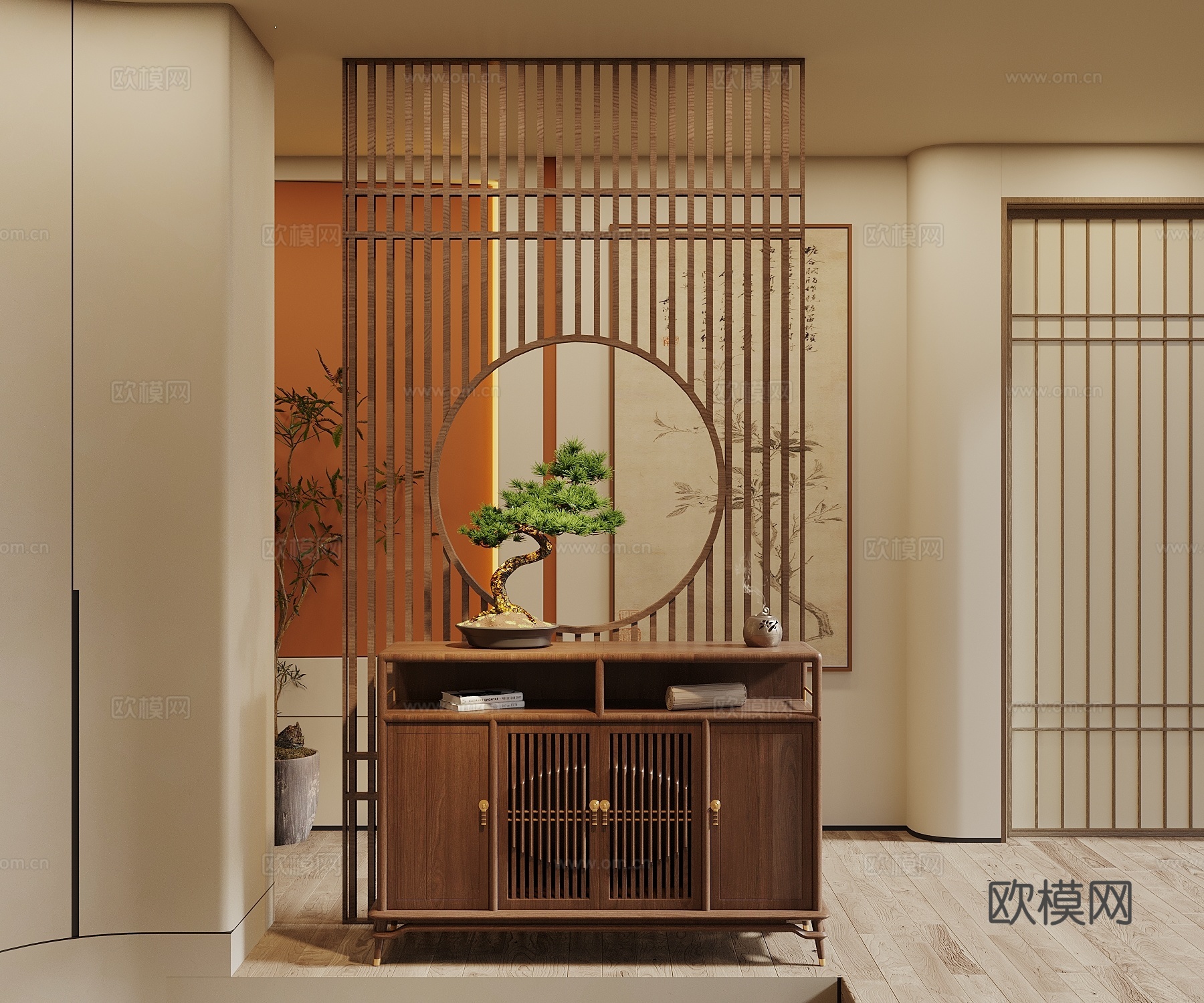 宋式新中风玄关 端景台 宋式风玄关隔断 挂画 玄关柜3d模型