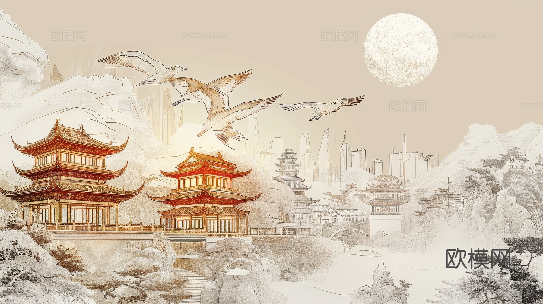 新中式亭台楼阁线条建筑壁画