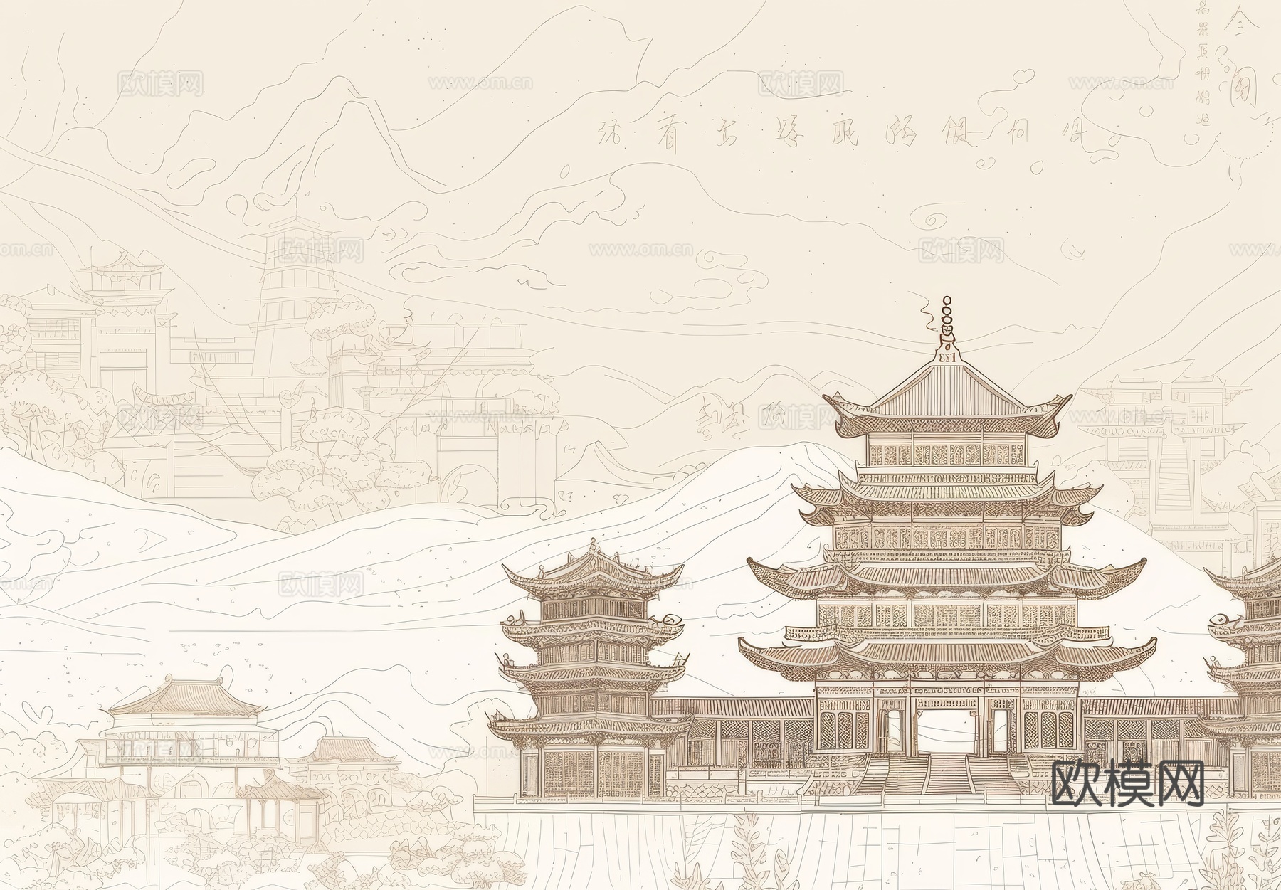 新中式亭台楼阁线条建筑壁画下载（渲染图2）