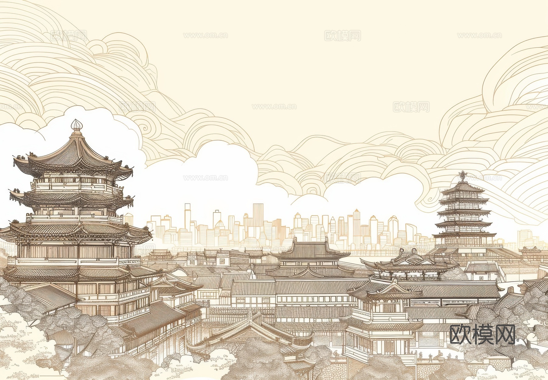新中式亭台楼阁线条建筑壁画下载（渲染图1）