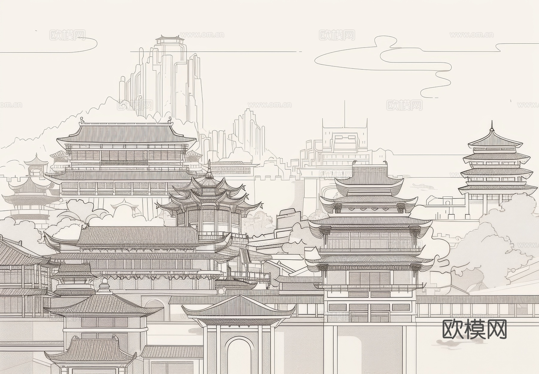 新中式亭台楼阁线条建筑壁画