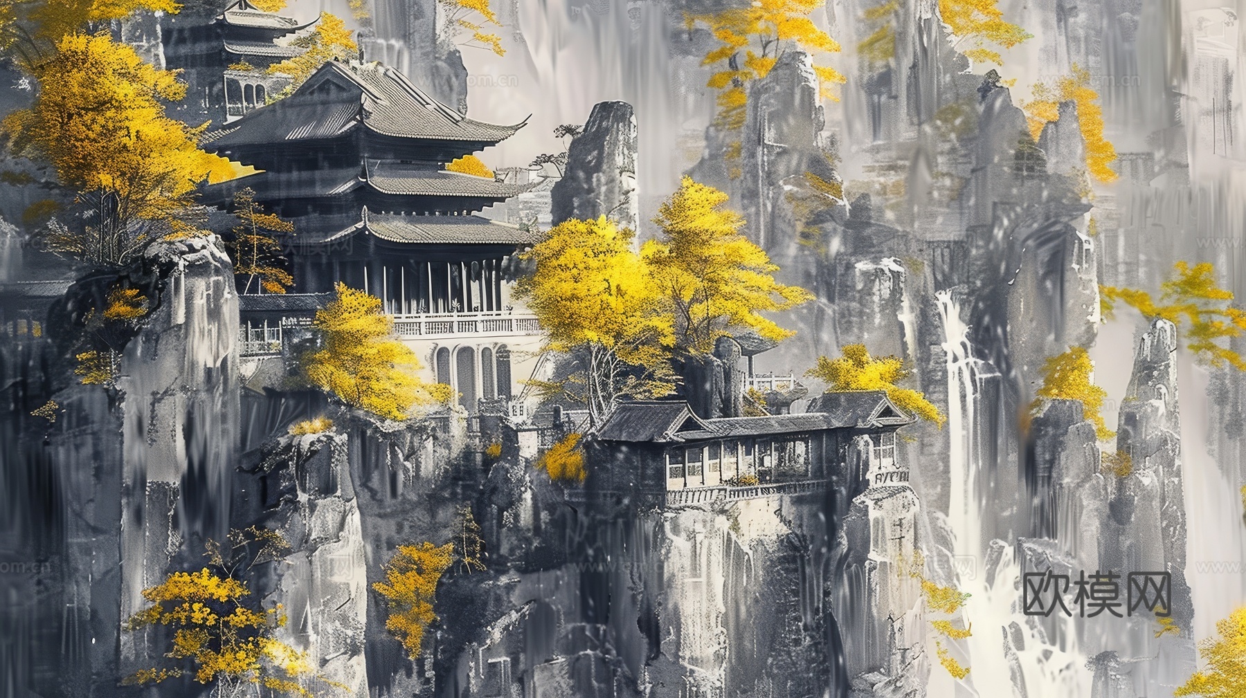 新中式亭台楼阁线条建筑壁画