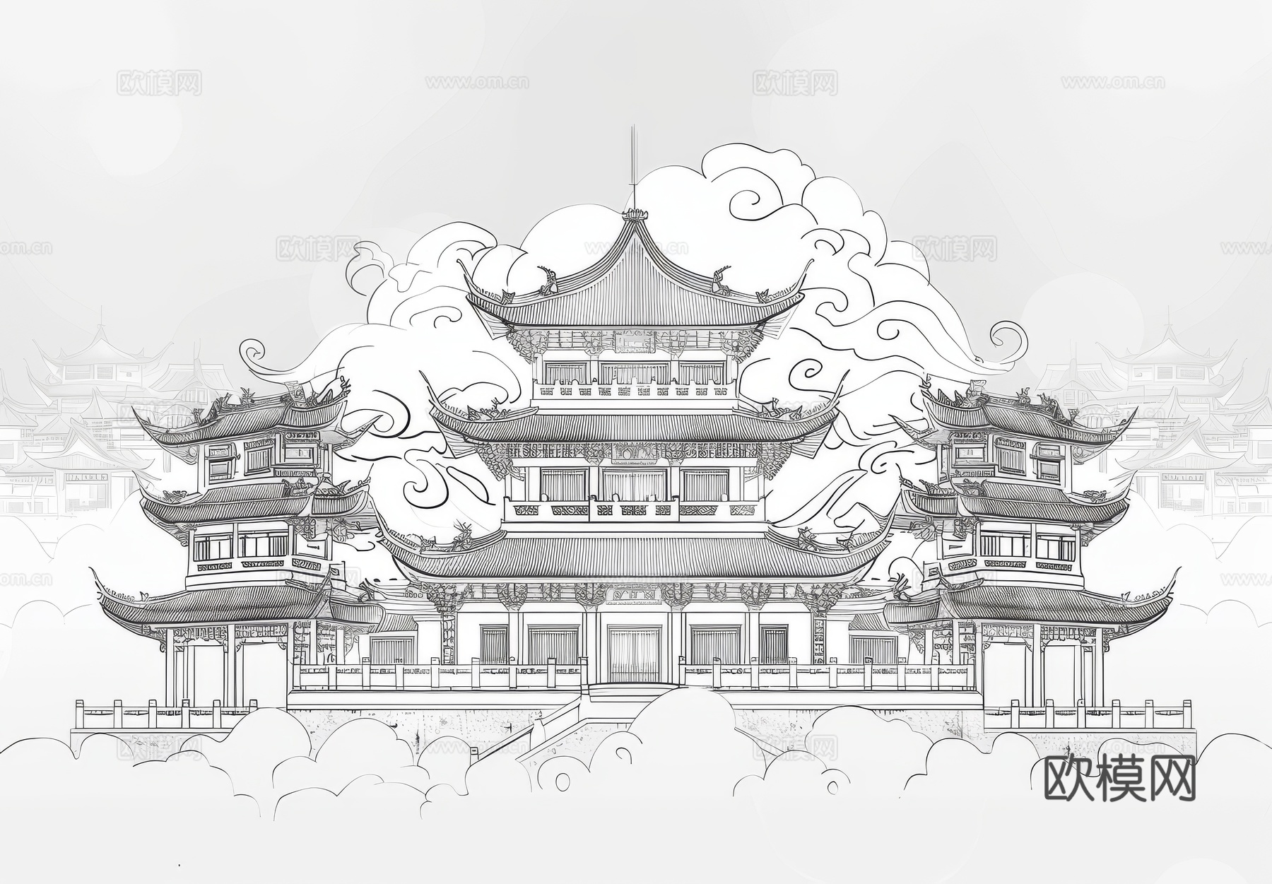 新中式亭台楼阁线条建筑壁画