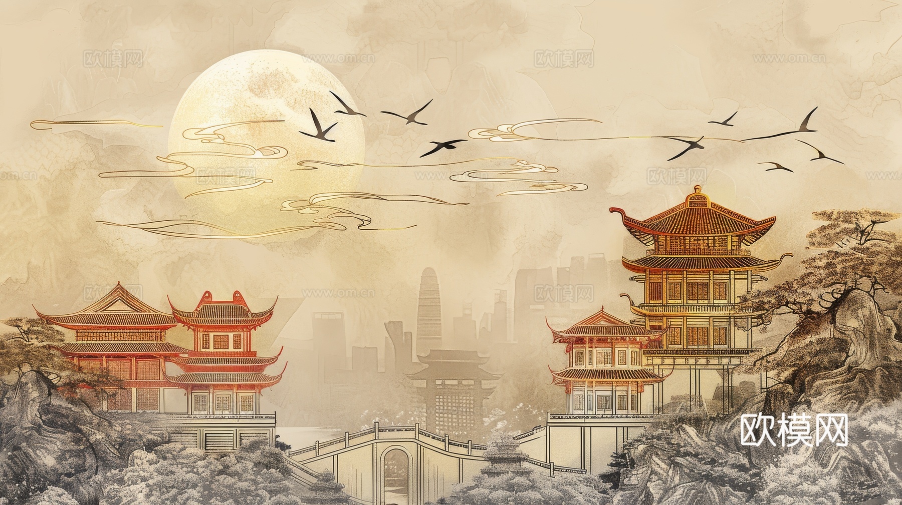 新中式亭台楼阁线条建筑壁画